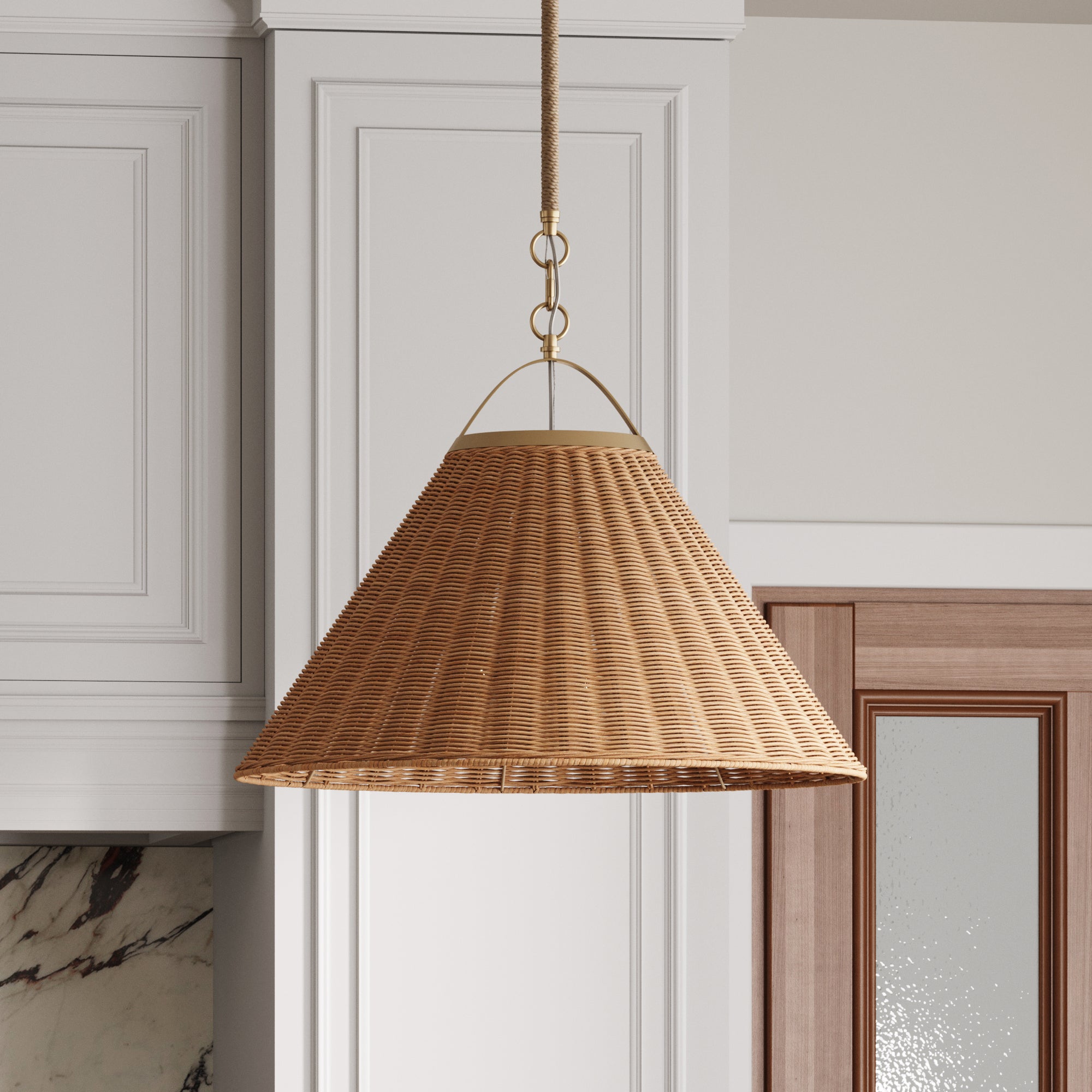 Modern Farmhouse Coastal Rattan Pendant Vintaged Brass - Nathan James