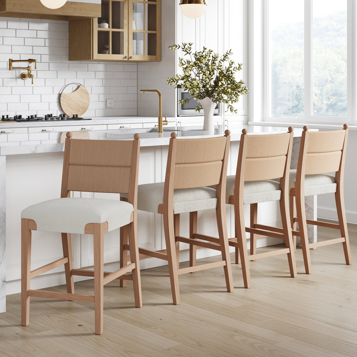 Solid Wood Boucle Counter Stool with Seagrass Back Raw Oak (Set of 4) - Nathan James