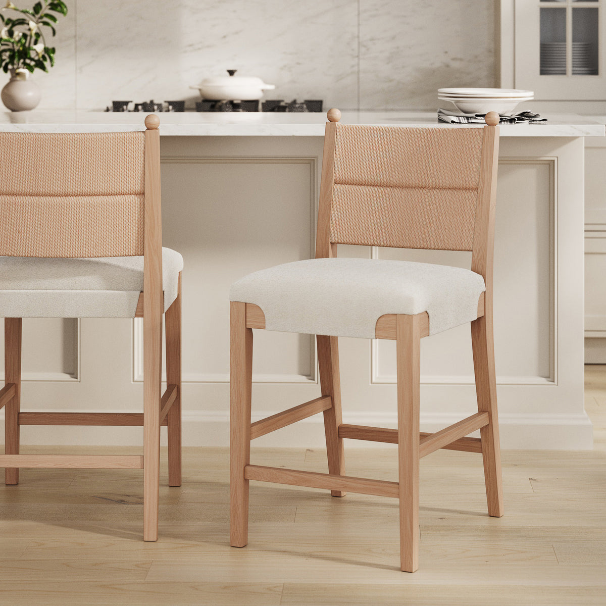 Solid Wood Boucle Counter Stool with Seagrass Back Raw Oak - Nathan James