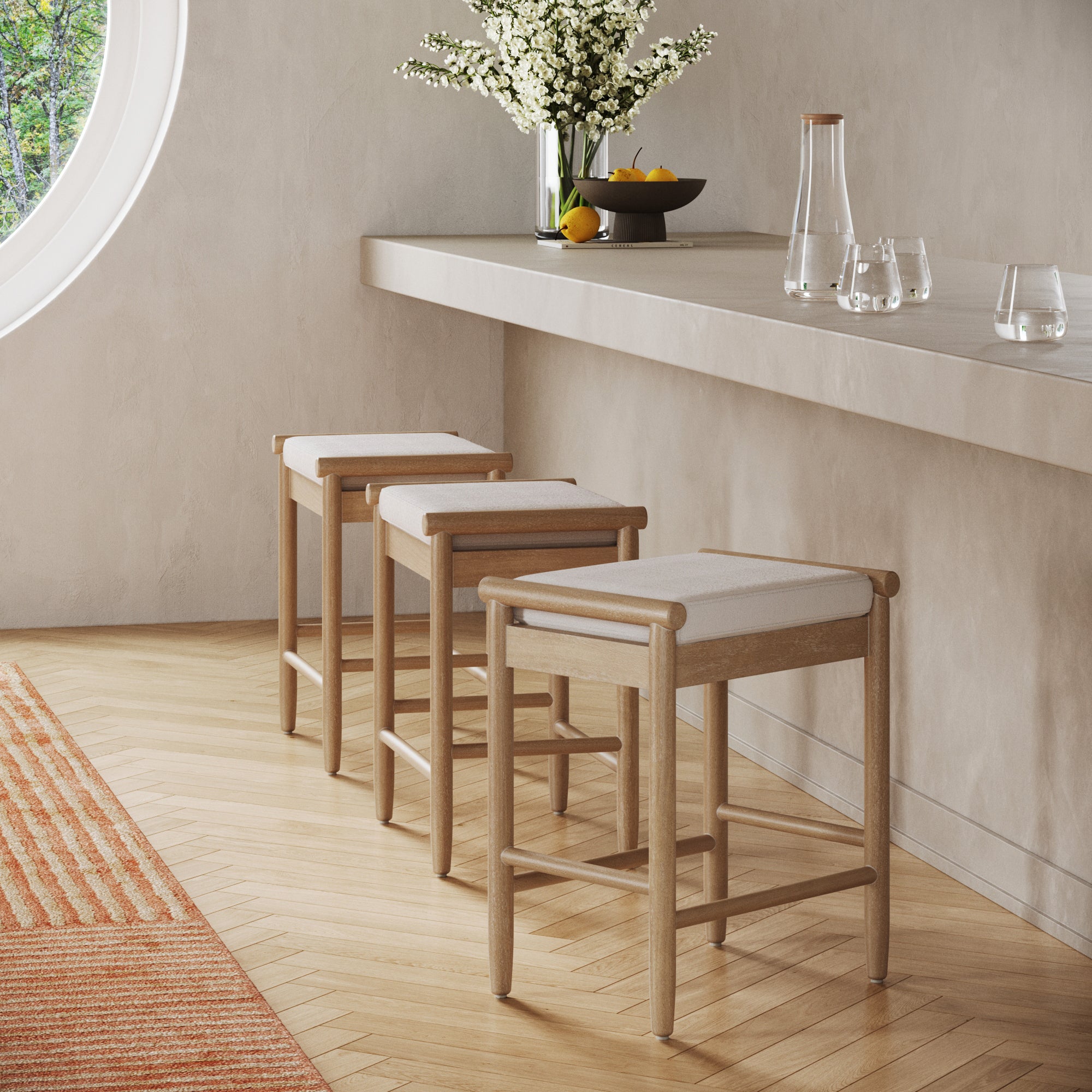 Backless Wooden Bar Stool with Boucle Upholstery Light Brown (Set of 3) - Nathan James