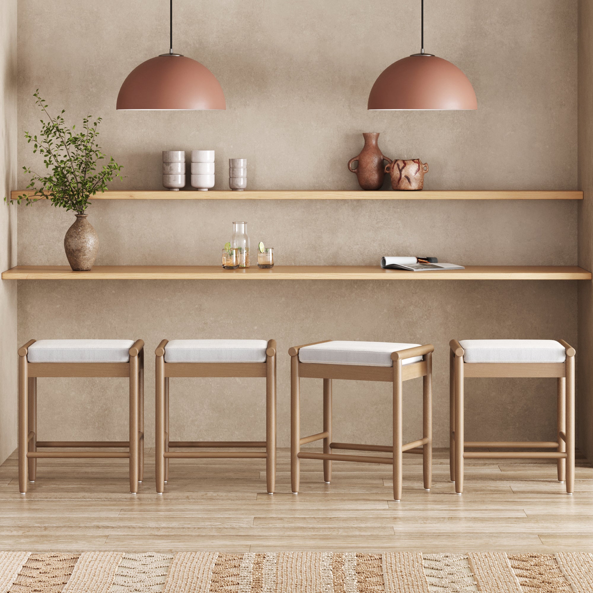 Backless Wooden Bar Stool with Boucle Upholstery Light Brown (Set of 4) - Nathan James