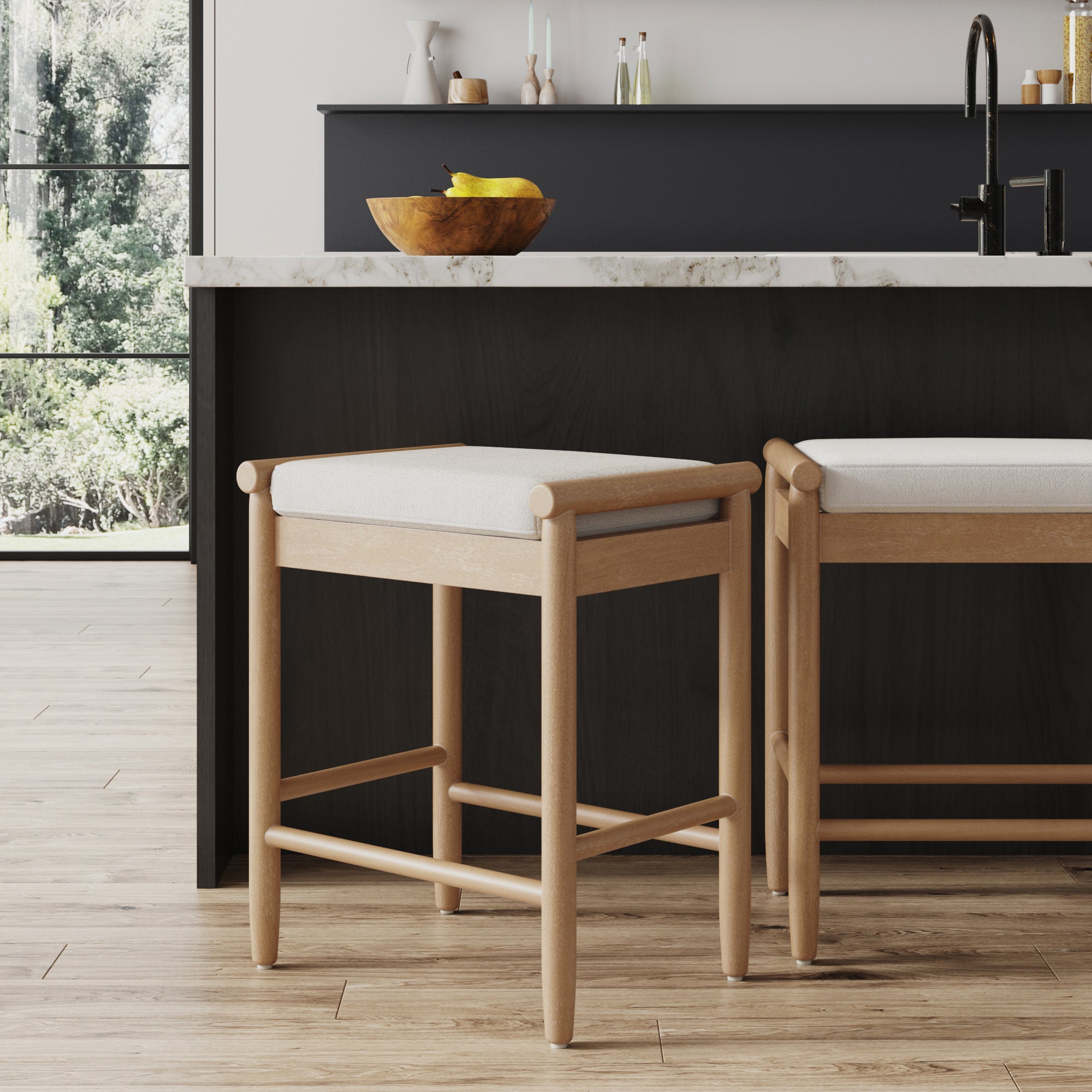 Backless Wooden Bar Stool with Boucle Upholstery Light Brown - Nathan James
