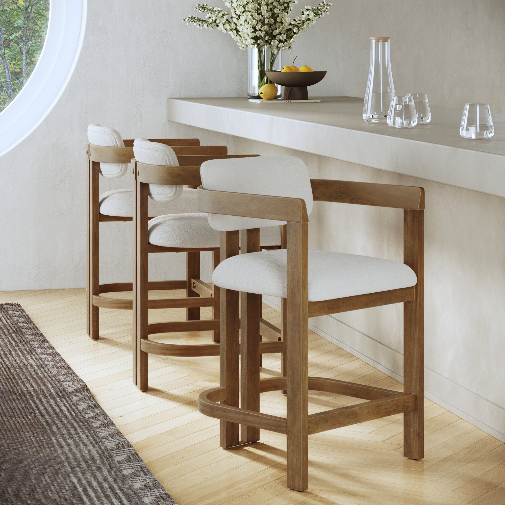 Boucle Bar Stool with Barrel Back and Arm Light Brown (Set of 3) - Nathan James