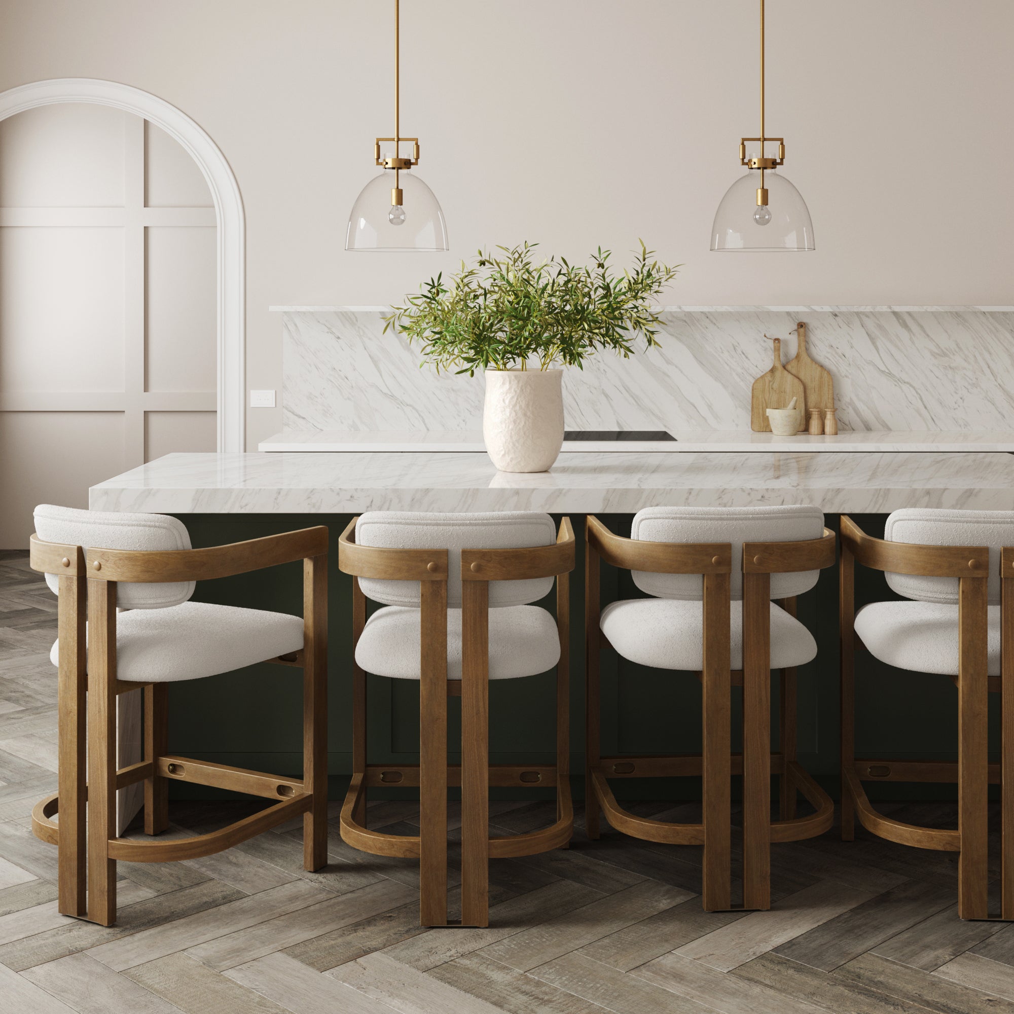 Boucle Bar Stool with Barrel Back and Arm Light Brown (Set of 4) - Nathan James