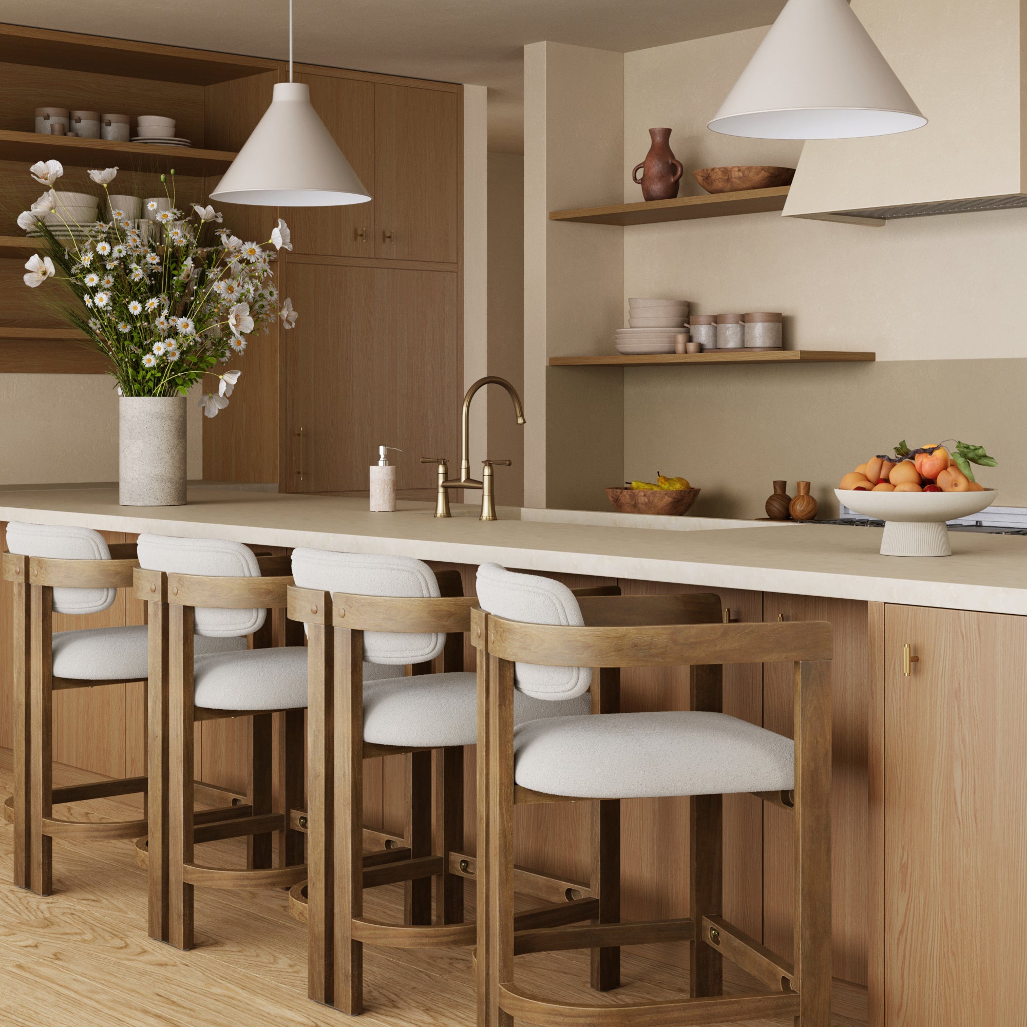 Boucle Bar Stool with Barrel Back and Arm Light Brown (Set of 4) - Nathan James
