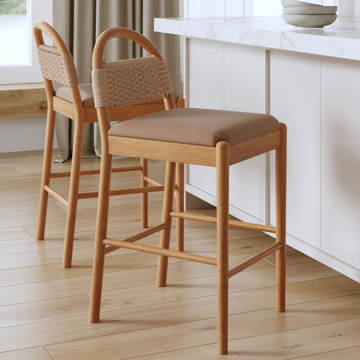 Modern Wood Seagrass & Faux Leather Counter Stool Brown (Set of 2) - Nathan James