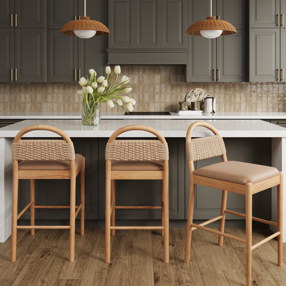 Modern Wood Seagrass & Faux Leather Counter Stool Brown (Set of 3) - Nathan James