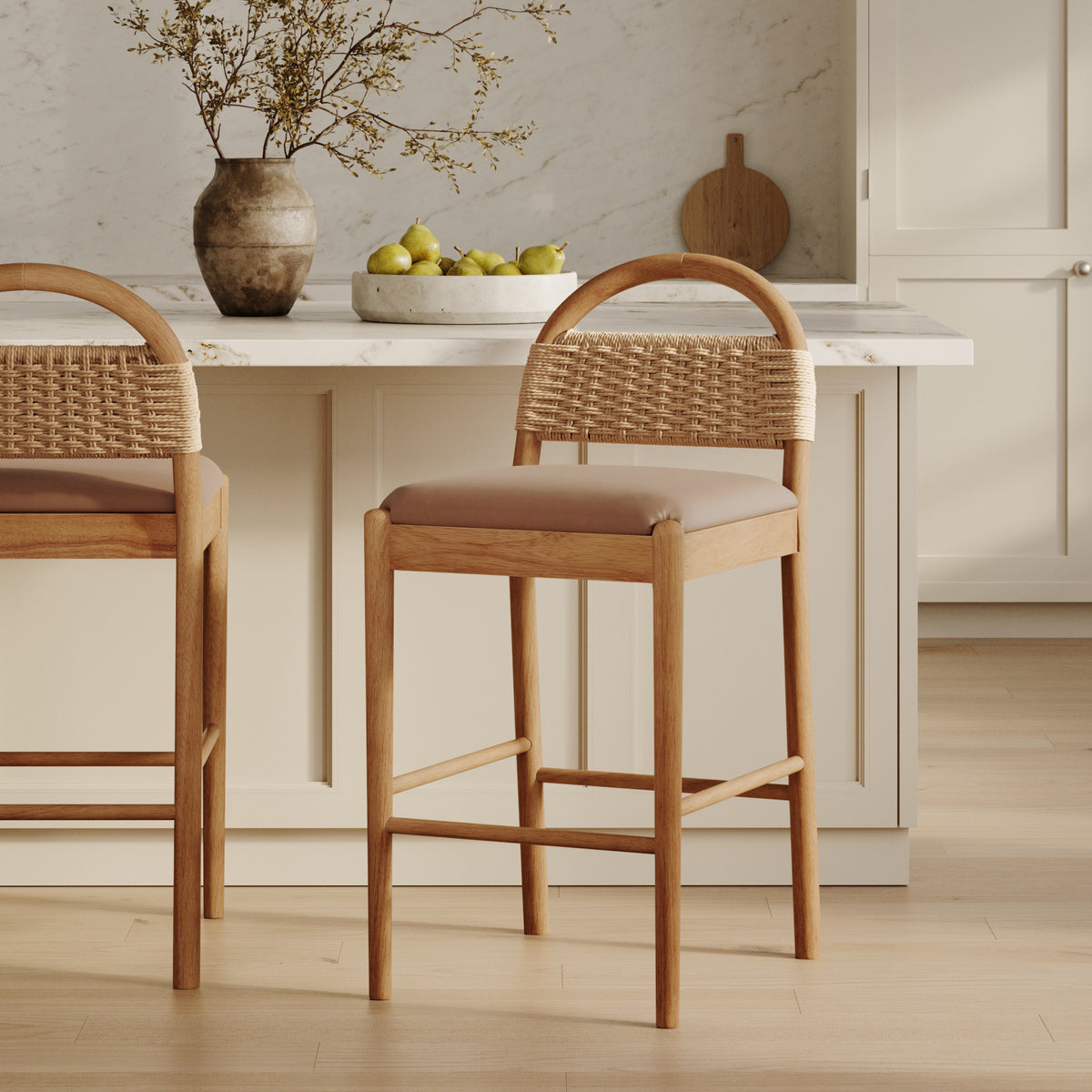 Modern Wood Seagrass & Faux Leather Counter Stool Brown - Nathan James