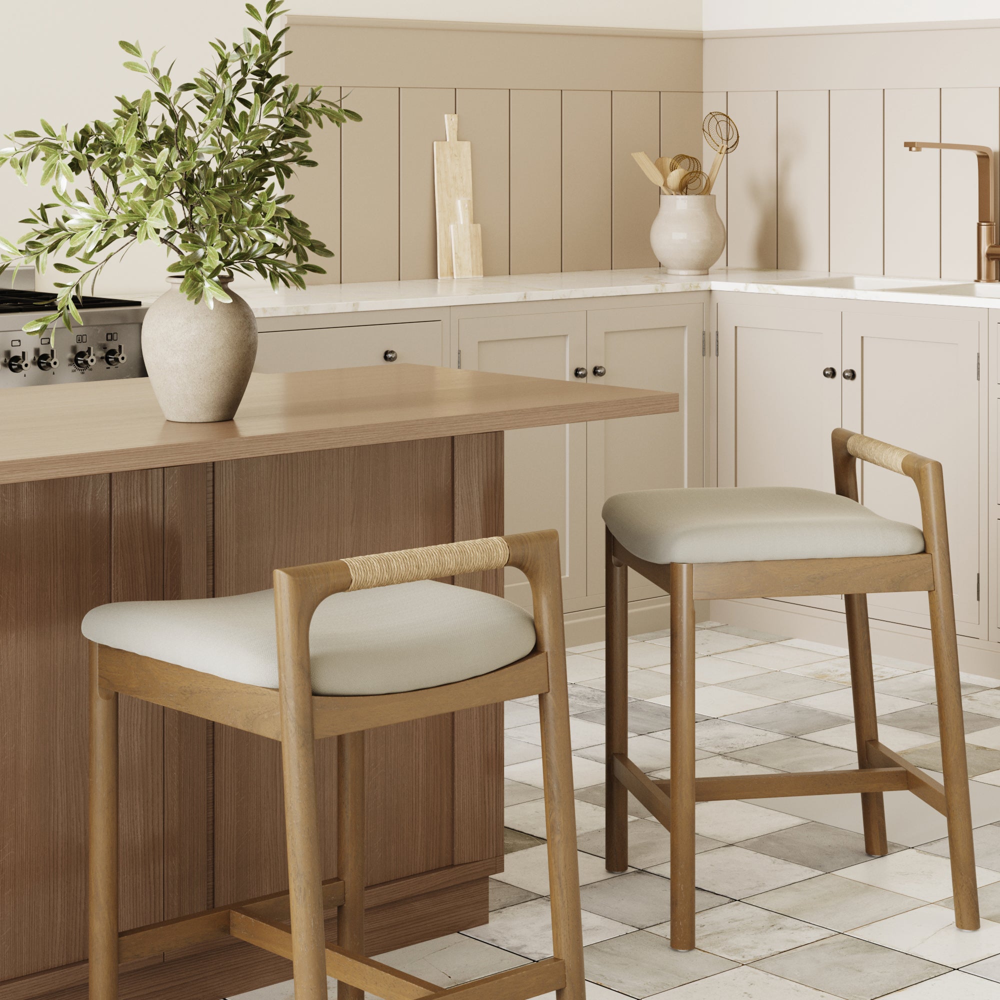 Modern Wooden Upholstered Low Back Counter Stool Light Brown (Set of 2) - Nathan James