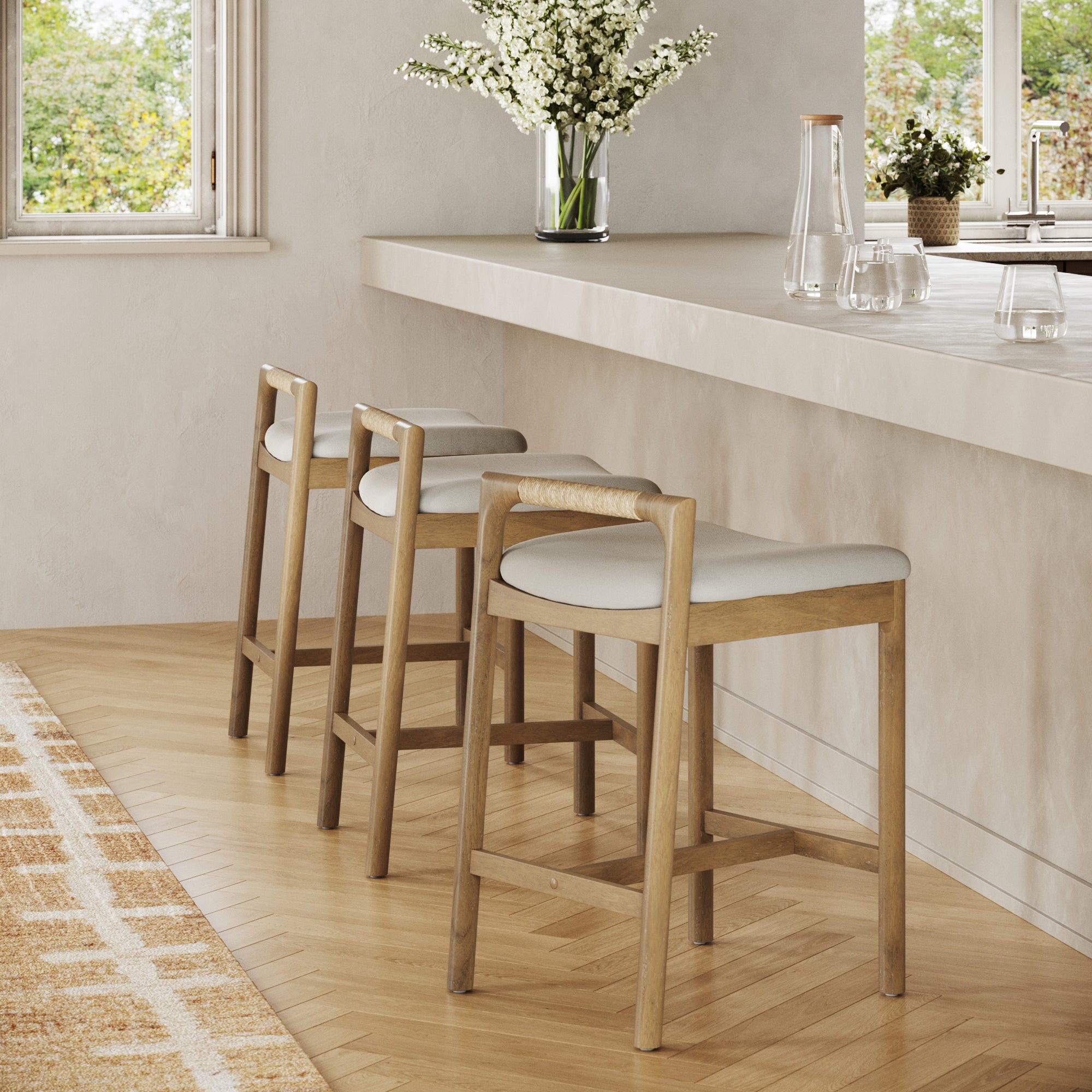 Modern Wooden Upholstered Low Back Counter Stool Light Brown (Set of 3) - Nathan James
