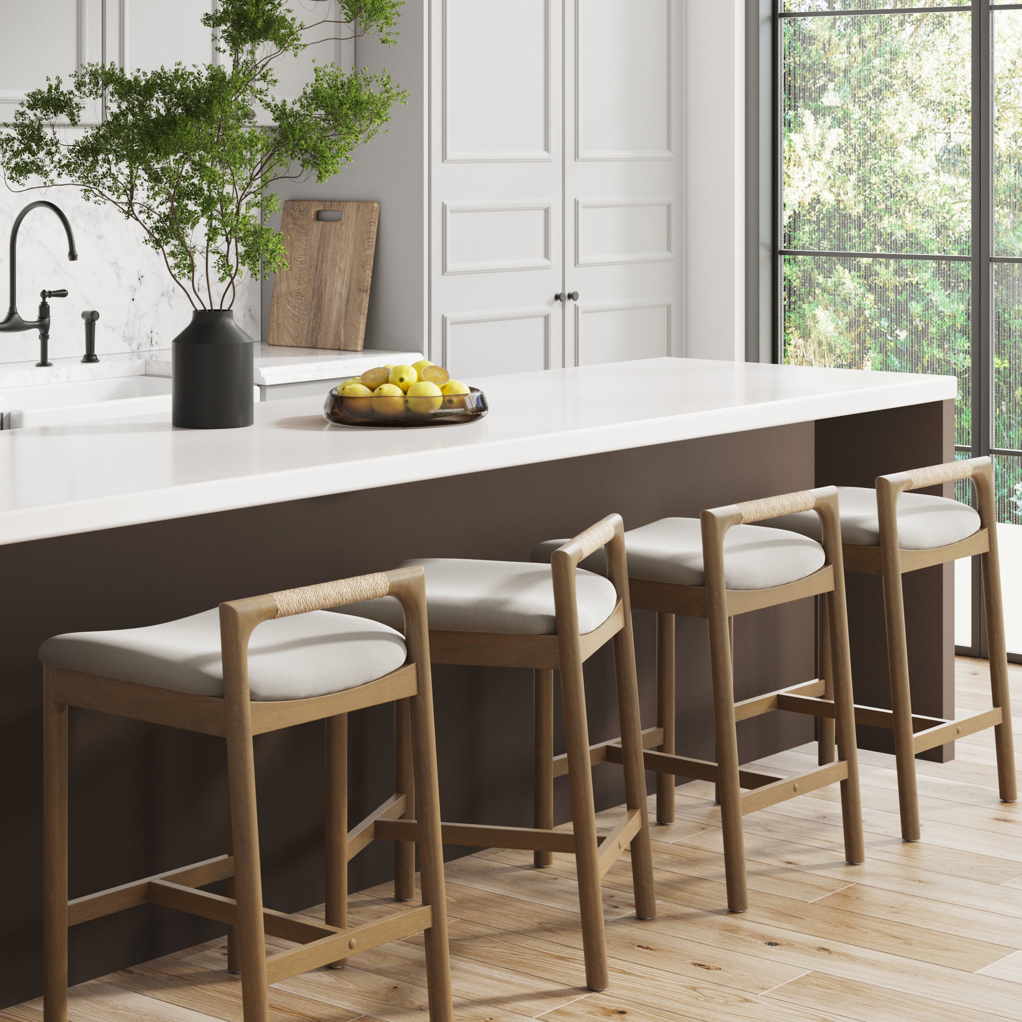 Modern Wooden Upholstered Low Back Counter Stool Light Brown (Set of 4) - Nathan James