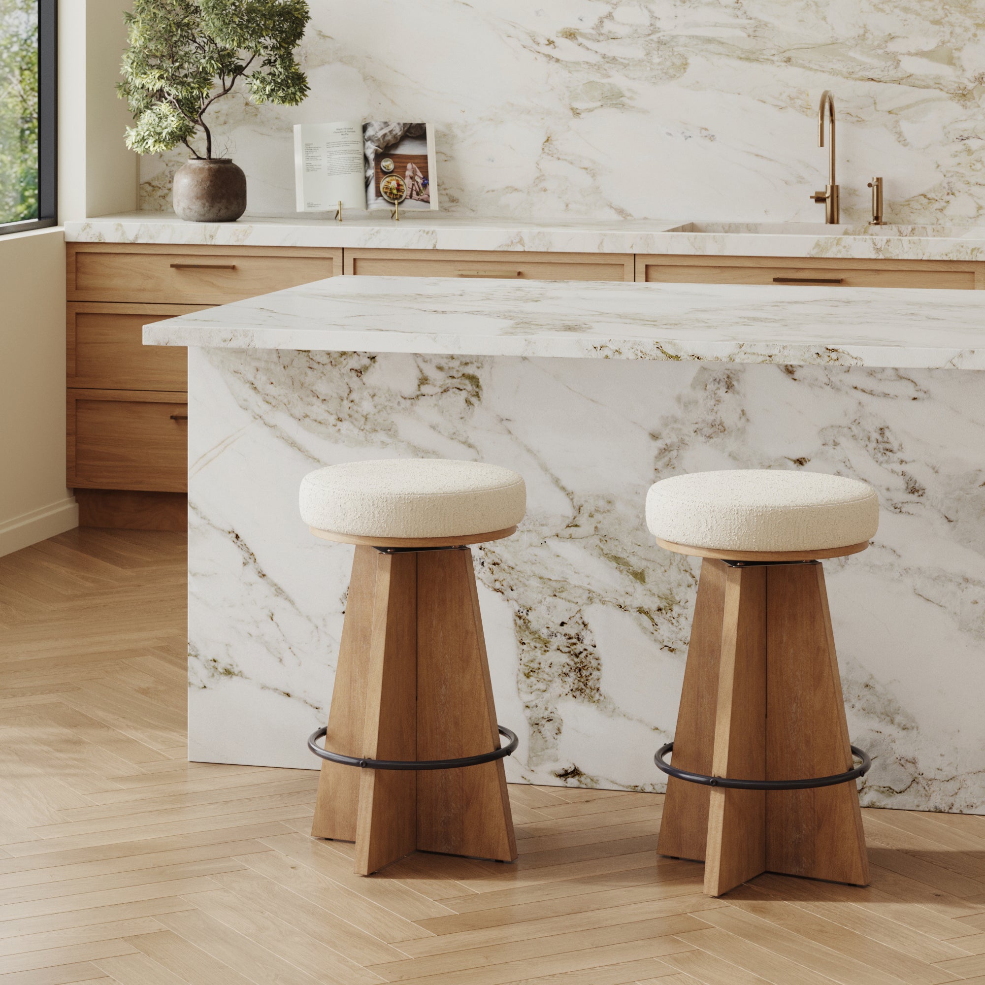 Modern Backless Swivel Boucle Counter Stool with Pedestal Legs (Set of 2) - Nathan James