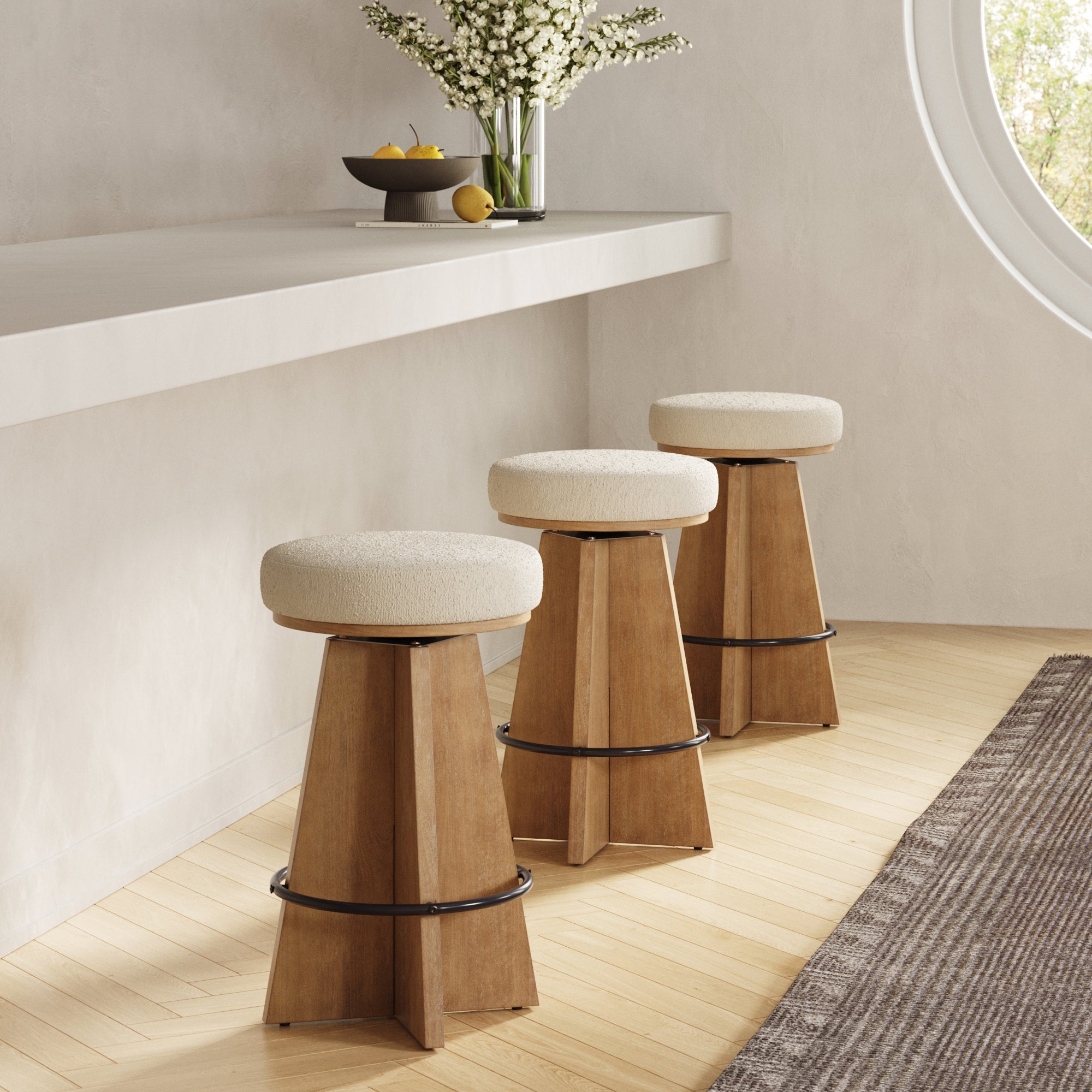 Modern Backless Swivel Boucle Counter Stool with Pedestal Legs (Set of 3) - Nathan James