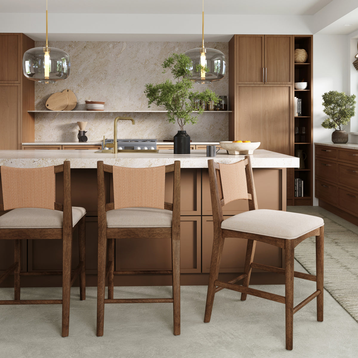 Modern Seagrass Back Arched Wood Counter Stool Medium Brown (Set of 3) - Nathan James