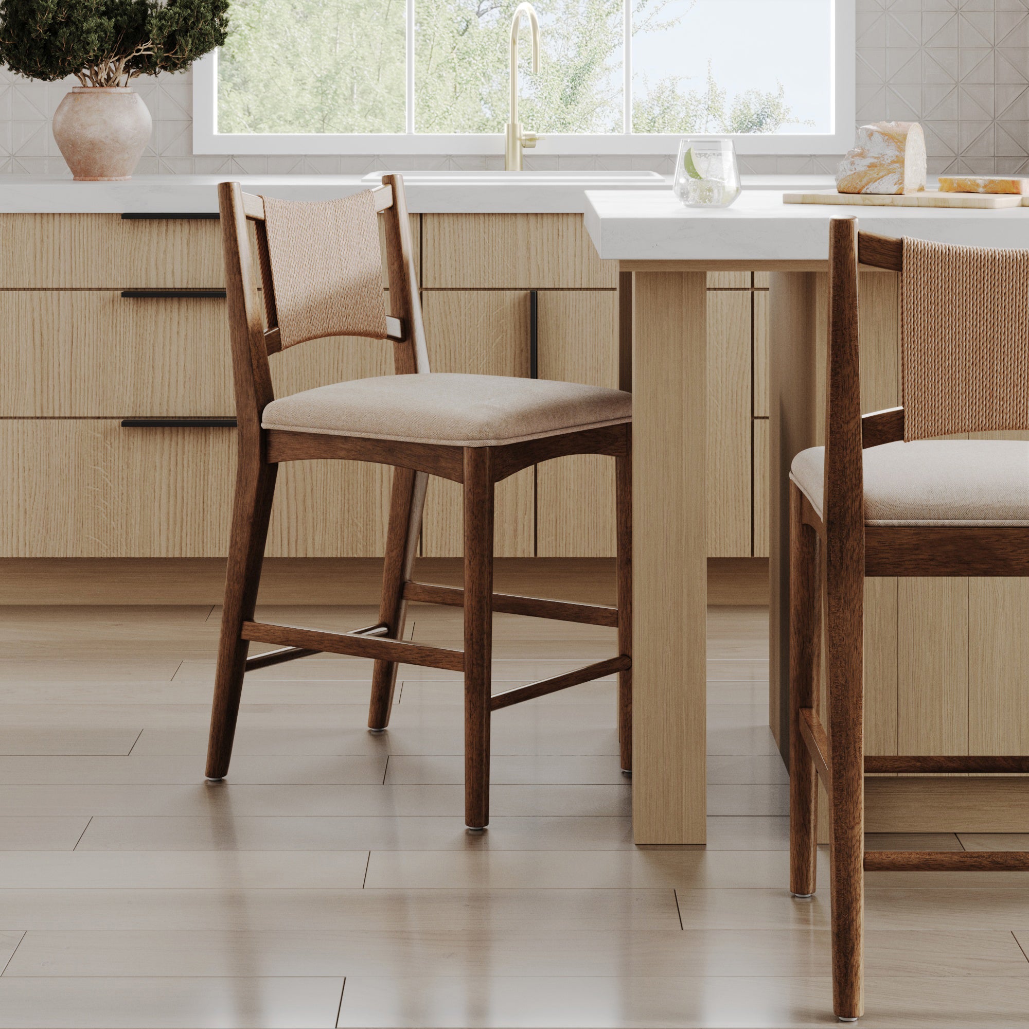 Modern Seagrass Back Arched Wood Counter Stool Medium Brown - Nathan James
