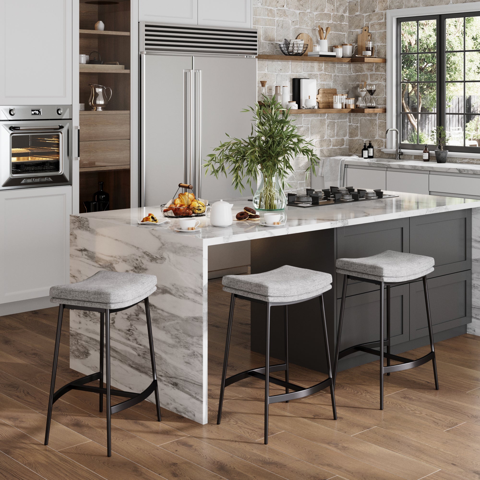 Upholstered Counter Height Saddle Bar Stools Gray (Set of 3) - Nathan James