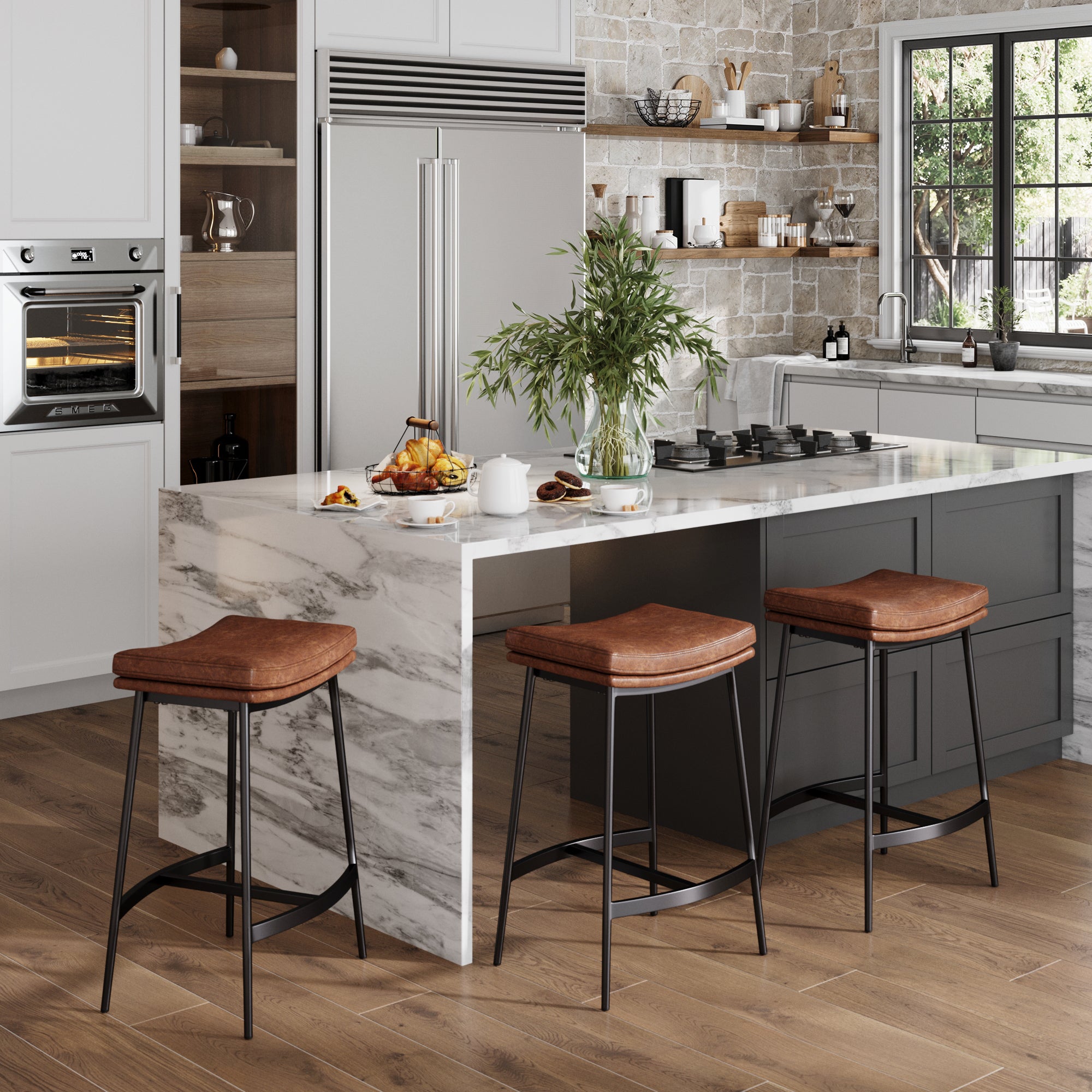 Faux Leather Counter Height Saddle Bar Stools (Set of 3) - Nathan James