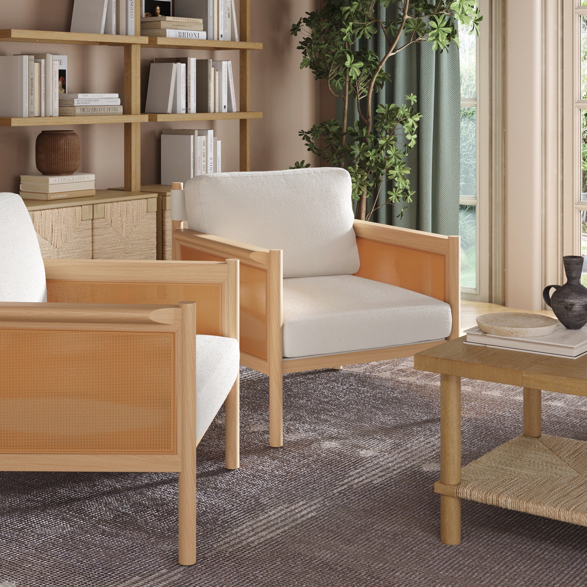 Solid Wood Boucle Accent Chair Rattan Arm Cream/Raw Oak (Set of 2) - Nathan James