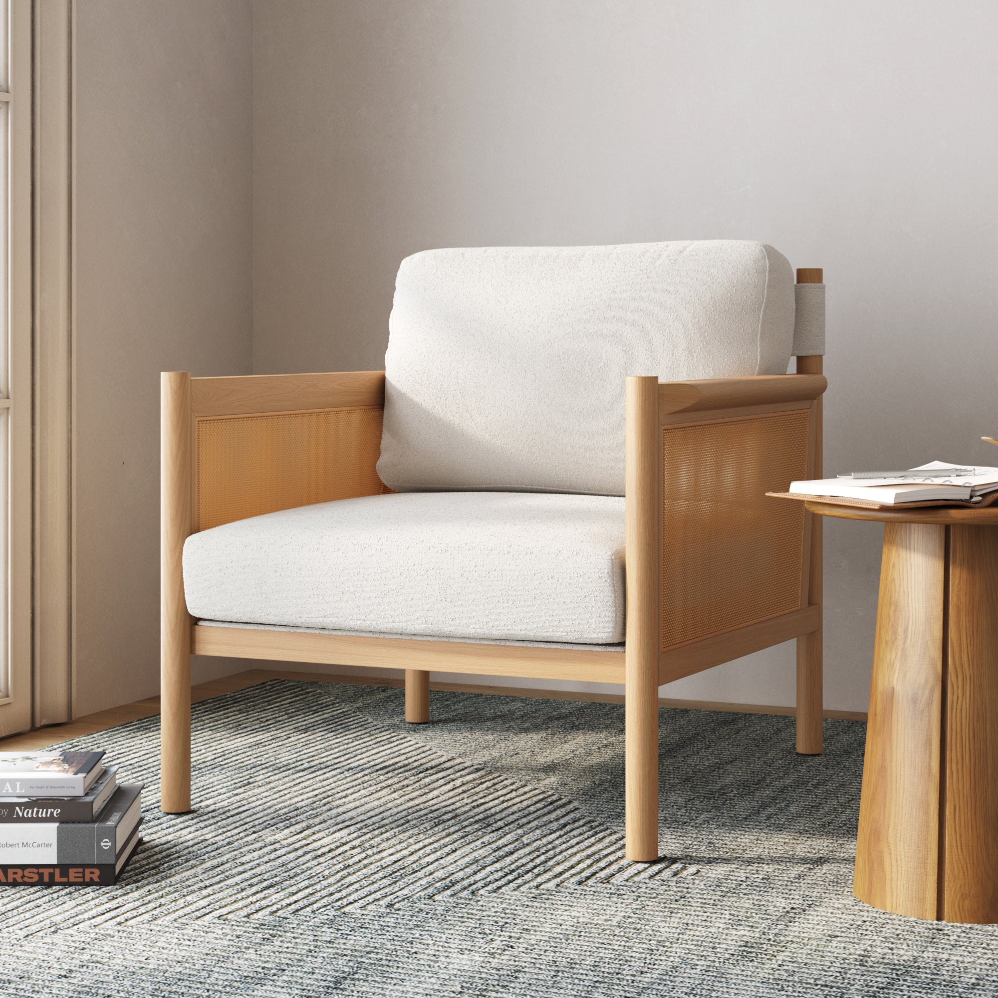 Solid Wood Boucle Accent Chair Rattan Arm Cream/Raw Oak - Nathan James