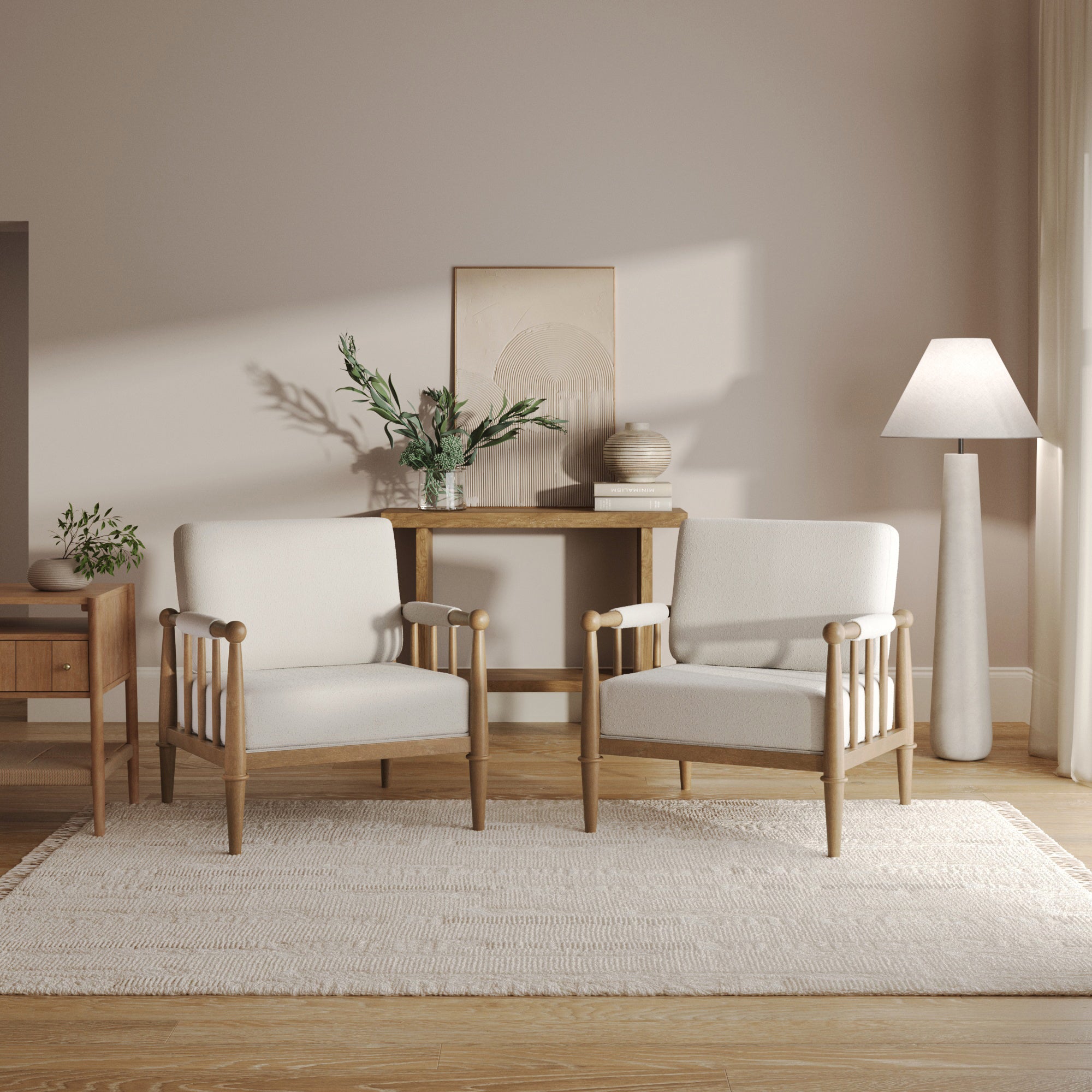 Bohemian Boucle Accent Chair with Arm Cream Boucle (Set of 2) - Nathan James