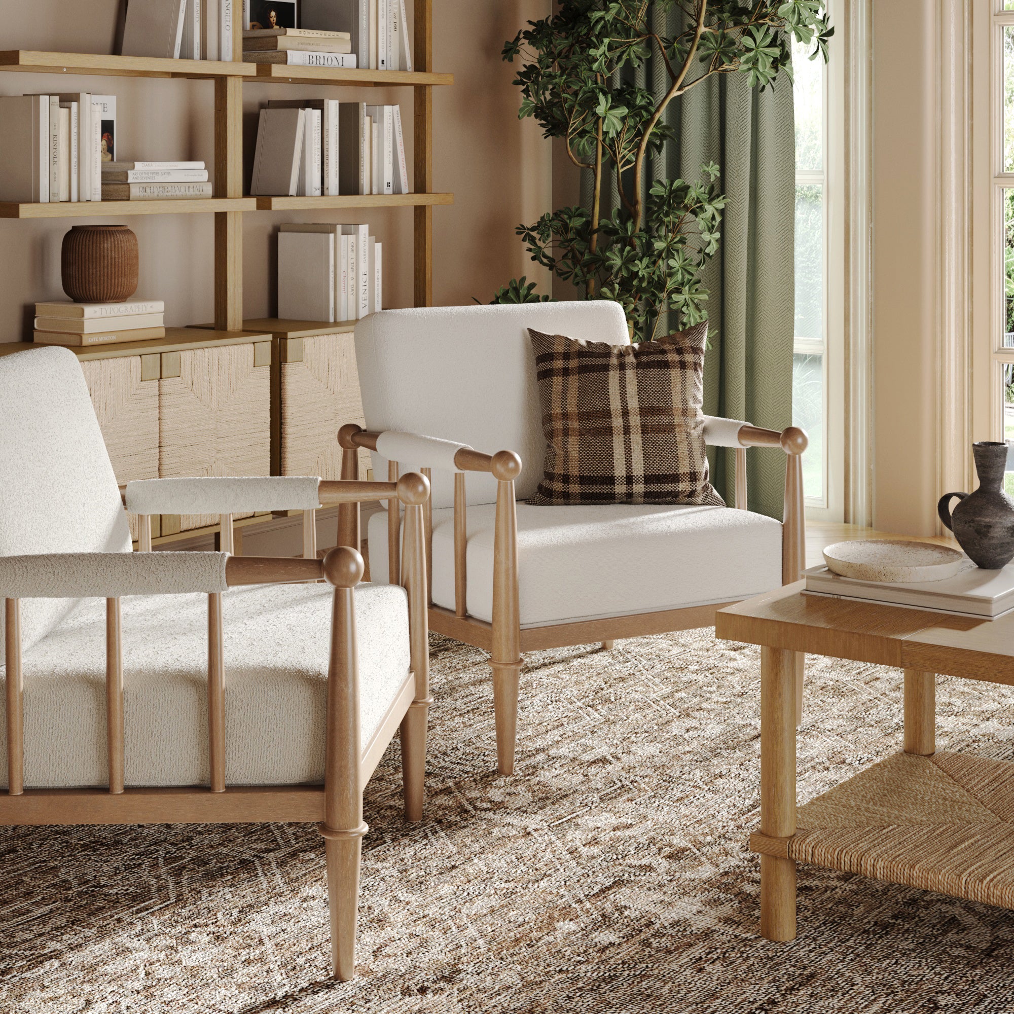 Bohemian Boucle Accent Chair with Arm Cream Boucle (Set of 2) - Nathan James