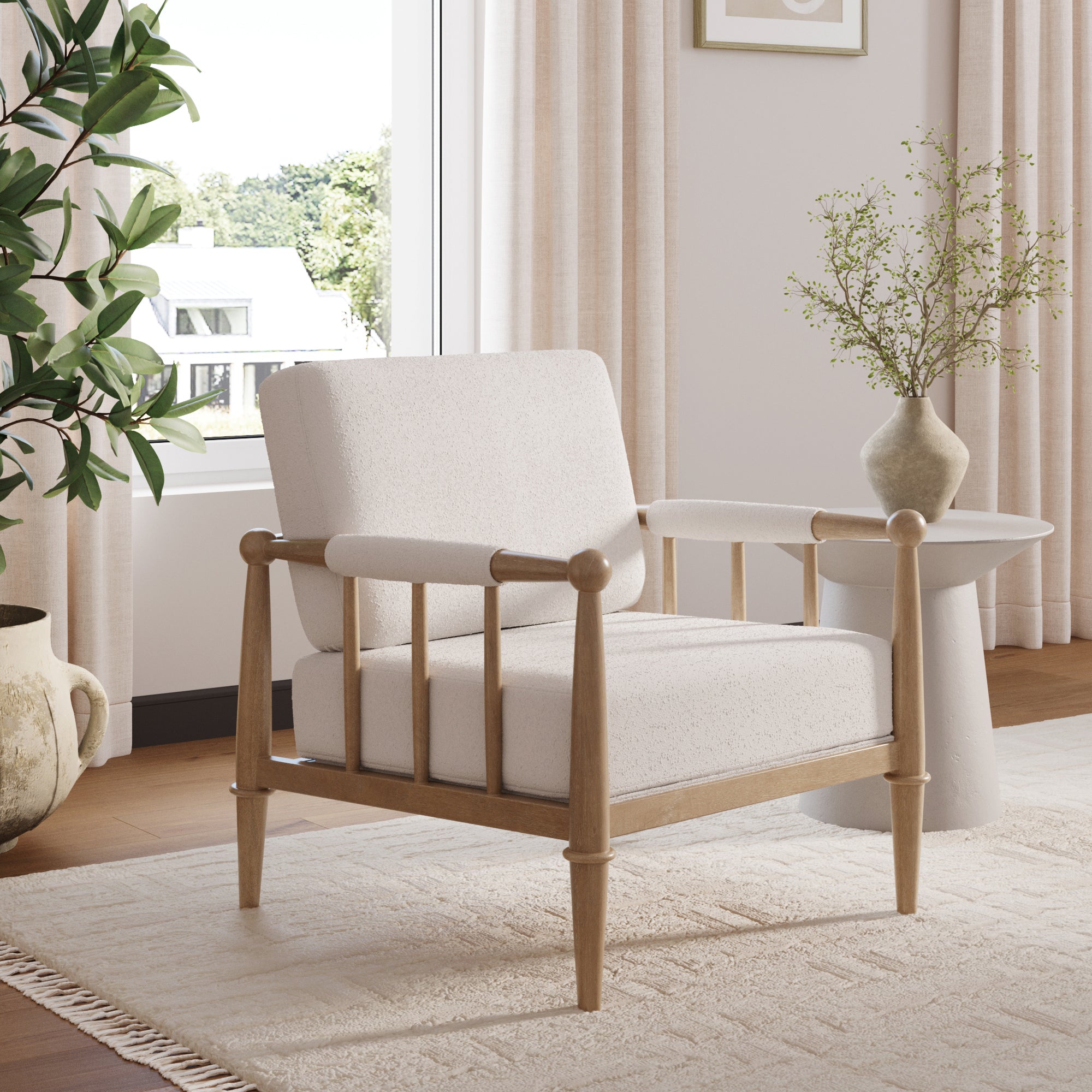 Bohemian Boucle Accent Chair with Arm Cream Boucle - Nathan James