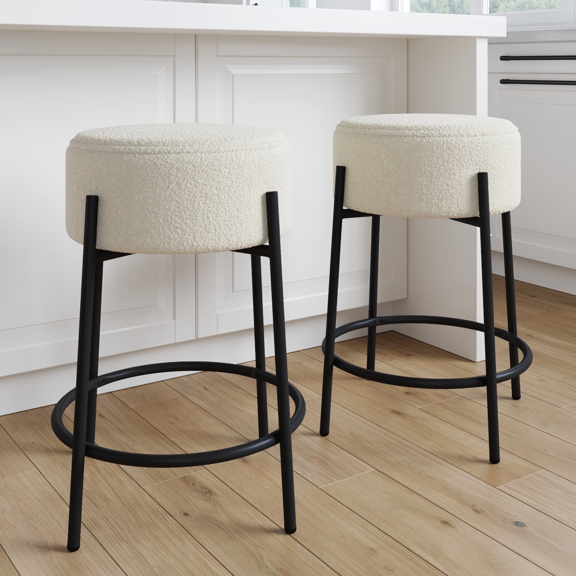 Round Boucle Backless Counter Height Bar Stools (Set of 2) - Nathan James