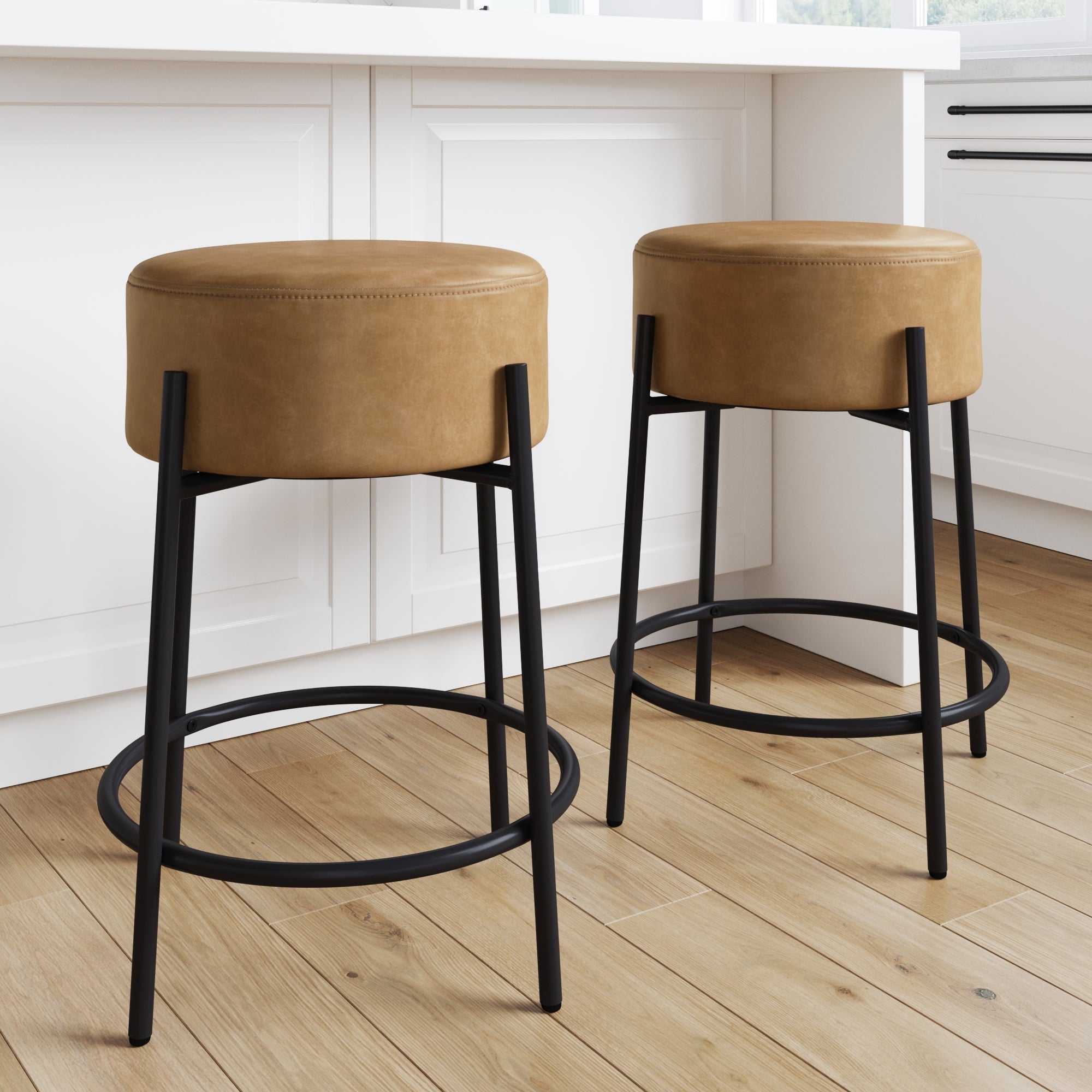 Round Faux Leather Backless Counter Height Bar Stools Brown (Set of 2) - Nathan James