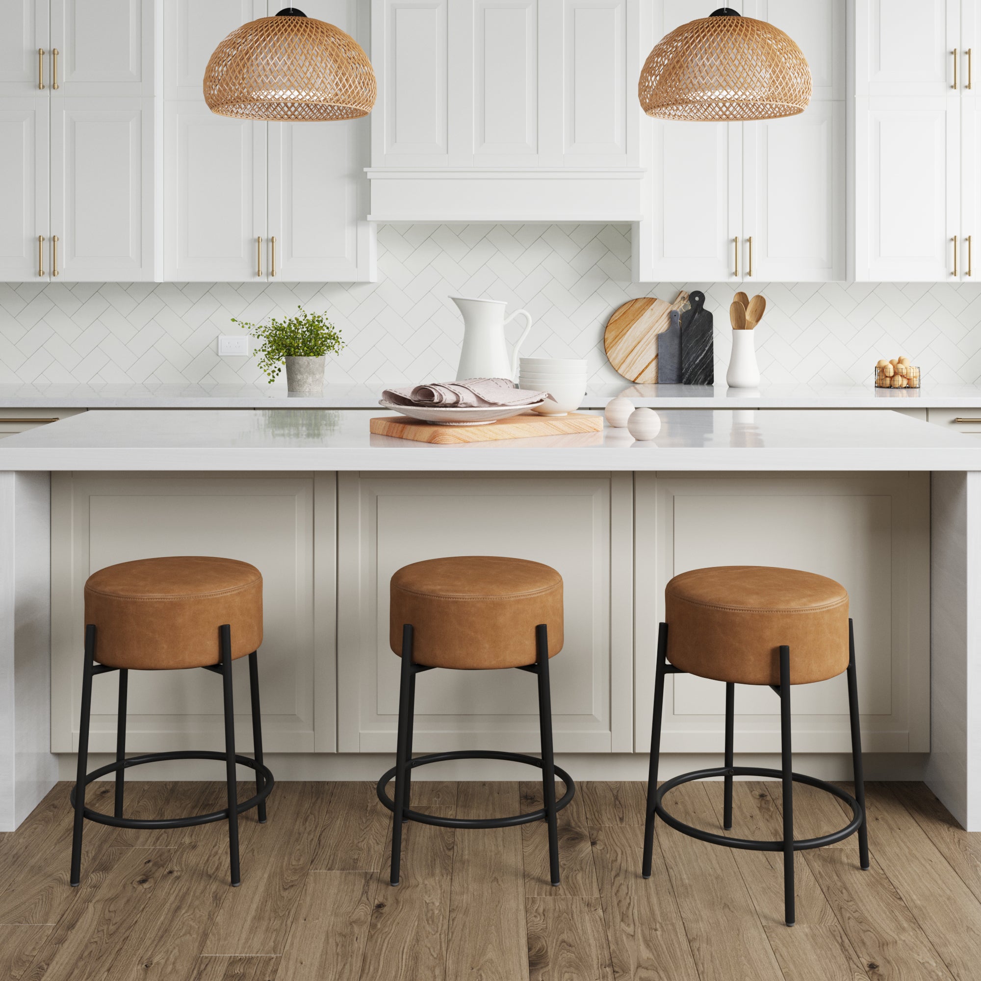 Round Faux Leather Backless Counter Height Bar Stools Brown (Set of 3) - Nathan James