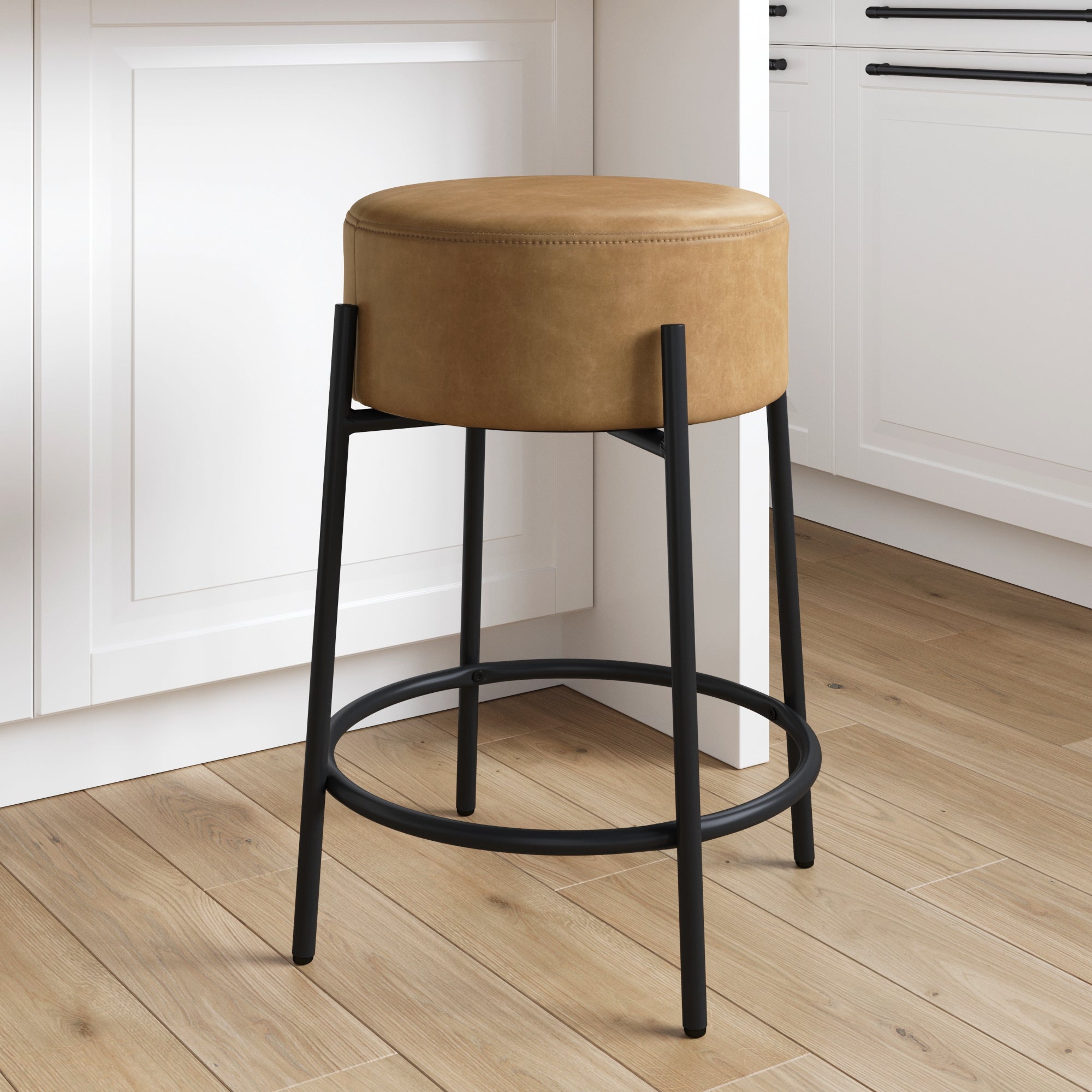 Round Faux Leather Backless Counter Height Bar Stool Brown - Nathan James
