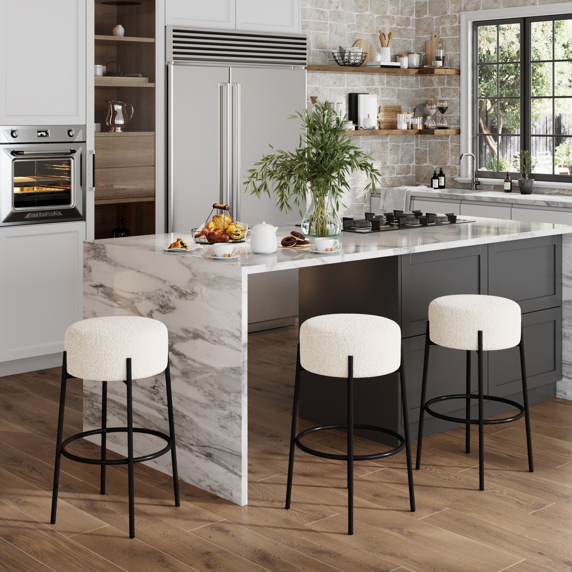 Round Boucle Backless Bar Stools (Set of 3) - Nathan James