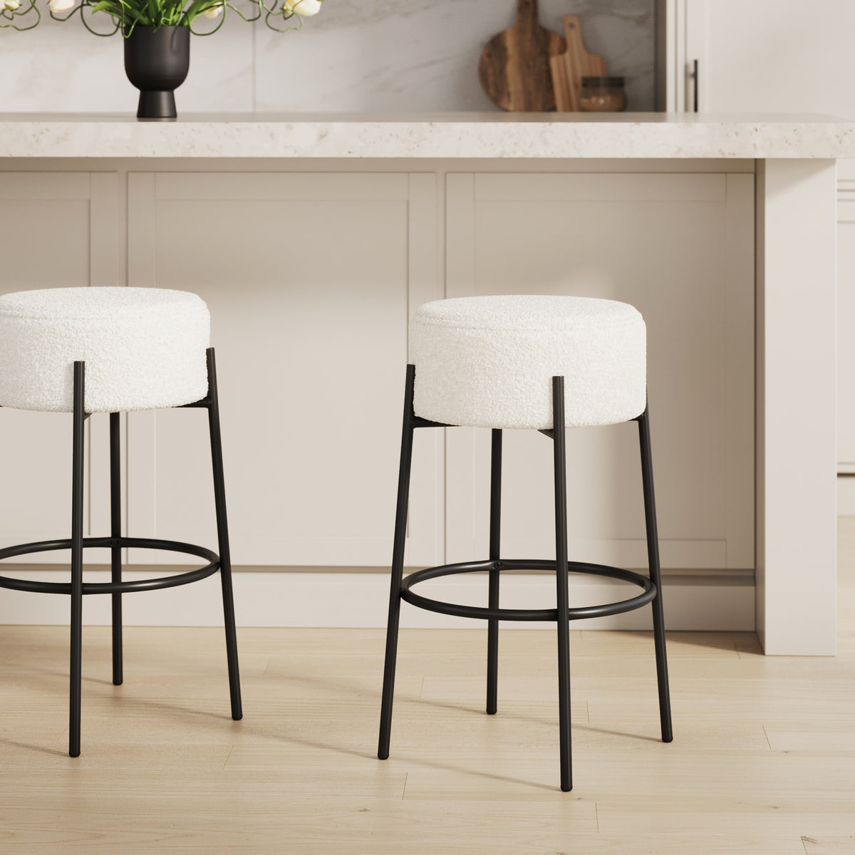 Round White Boucle Backless Bar Height Stool - Nathan James