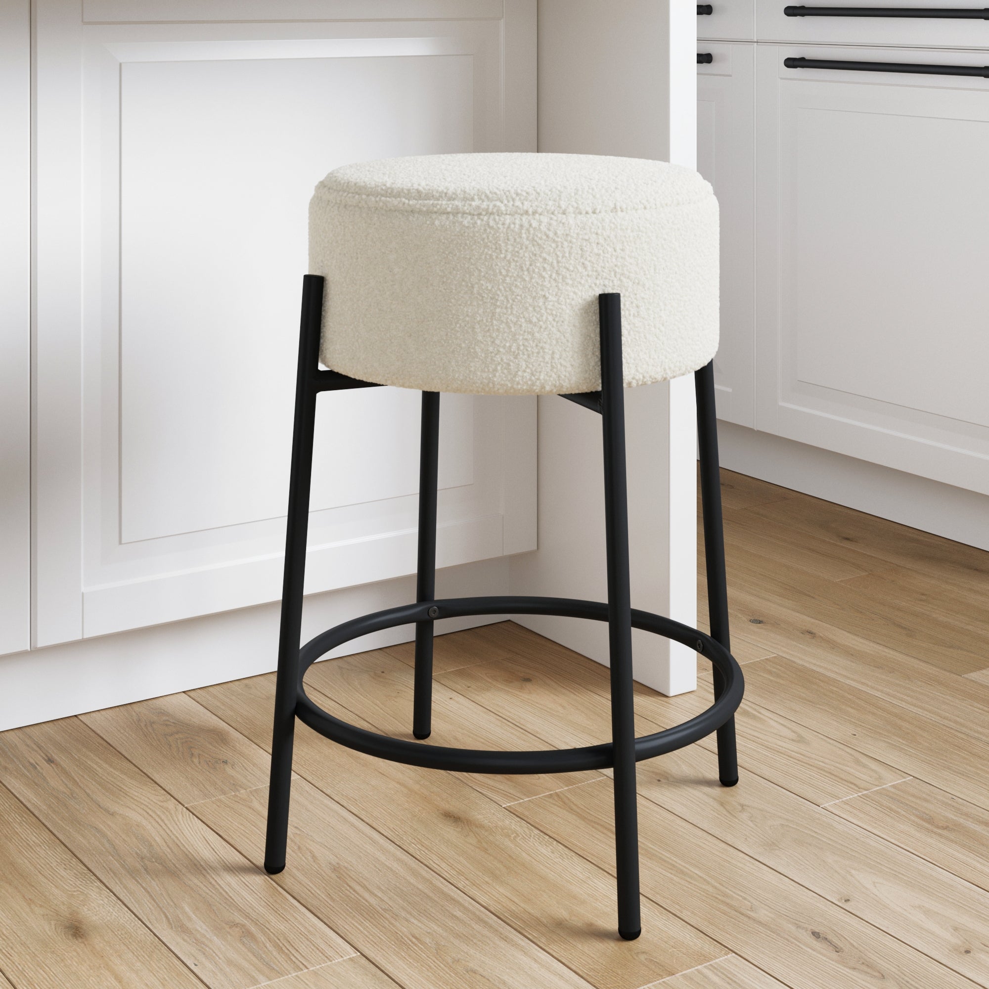 Round White Boucle Backless Bar Height Stool - Nathan James