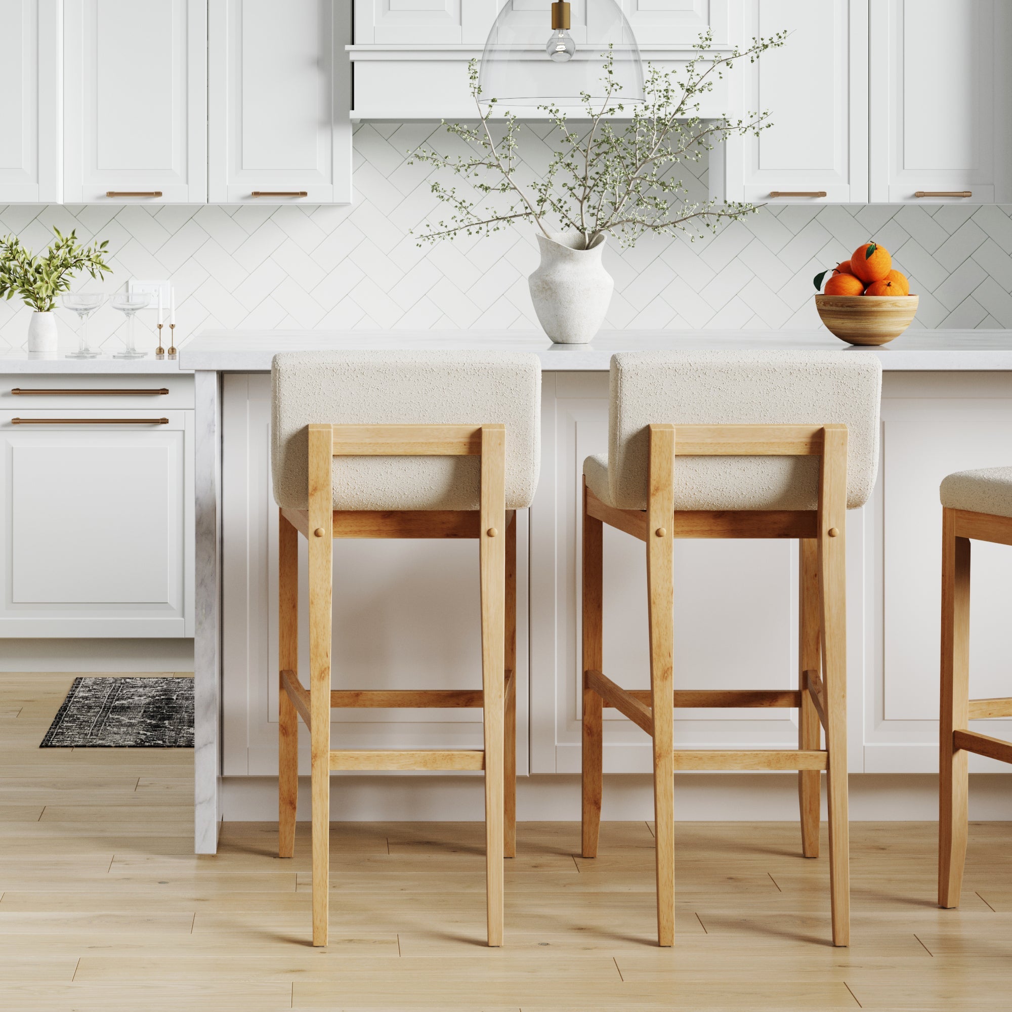 Exposed Wood Back Boucle Bar Stool Warm Pine Boucle (Set of 2) - Nathan James
