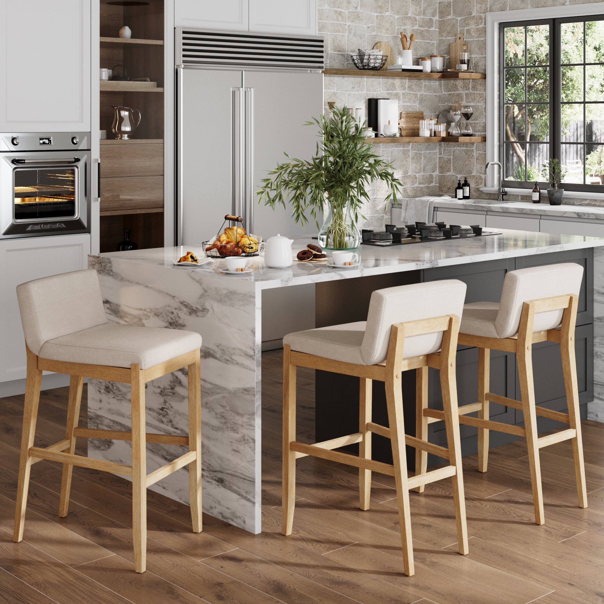 Exposed Wood Back Boucle Bar Stool Warm Pine Boucle (Set of 3) - Nathan James