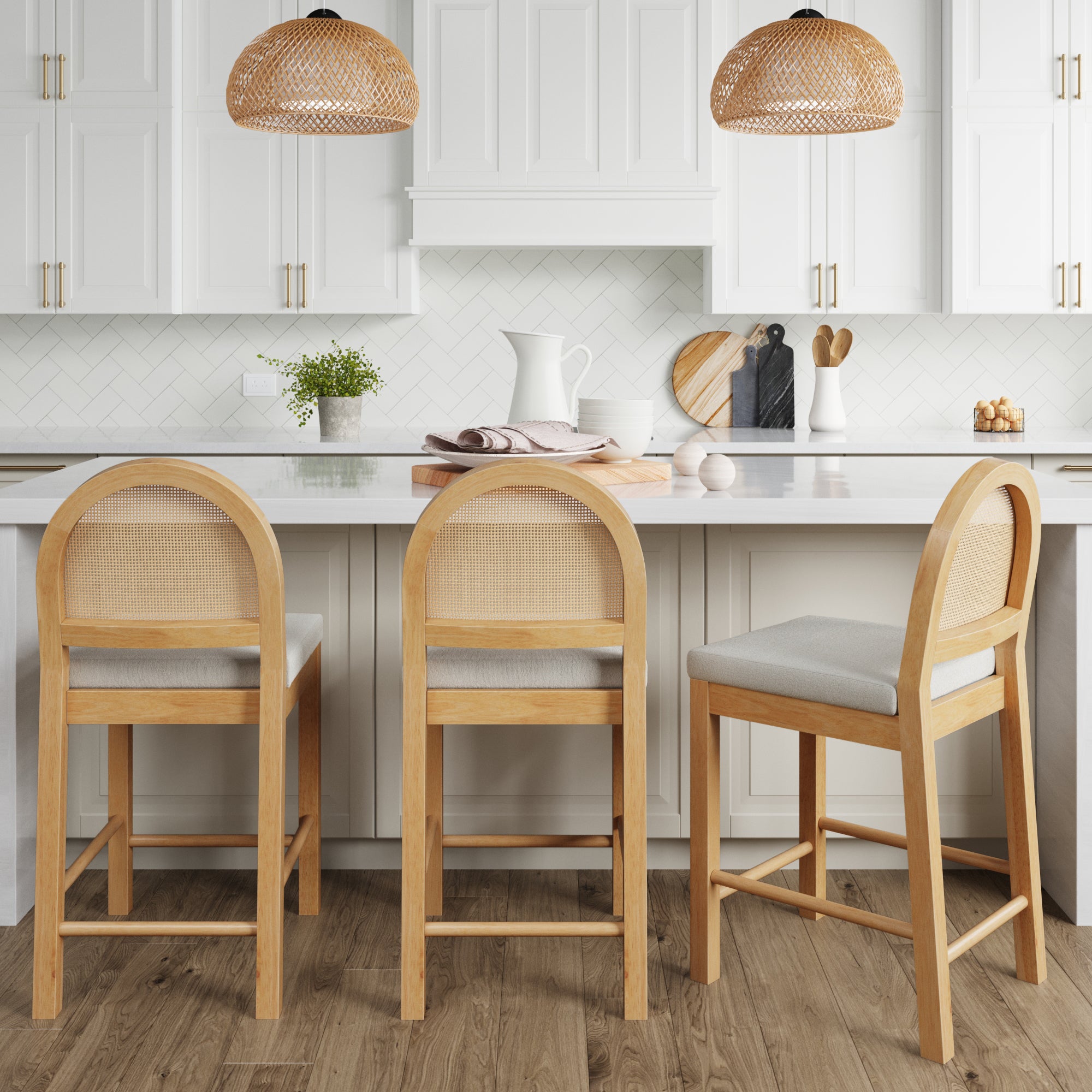 Boucle & Rattan Counter Height Bar Stools Warm Pine (Set of 3) - Nathan James