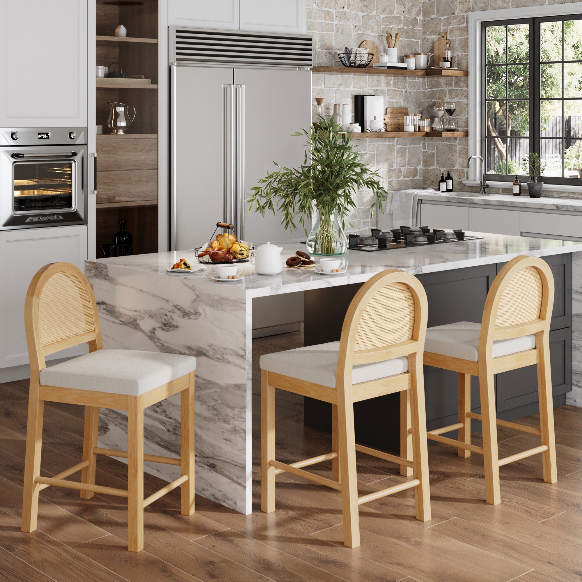 Boucle & Rattan Counter Height Bar Stools Warm Pine (Set of 3) - Nathan James