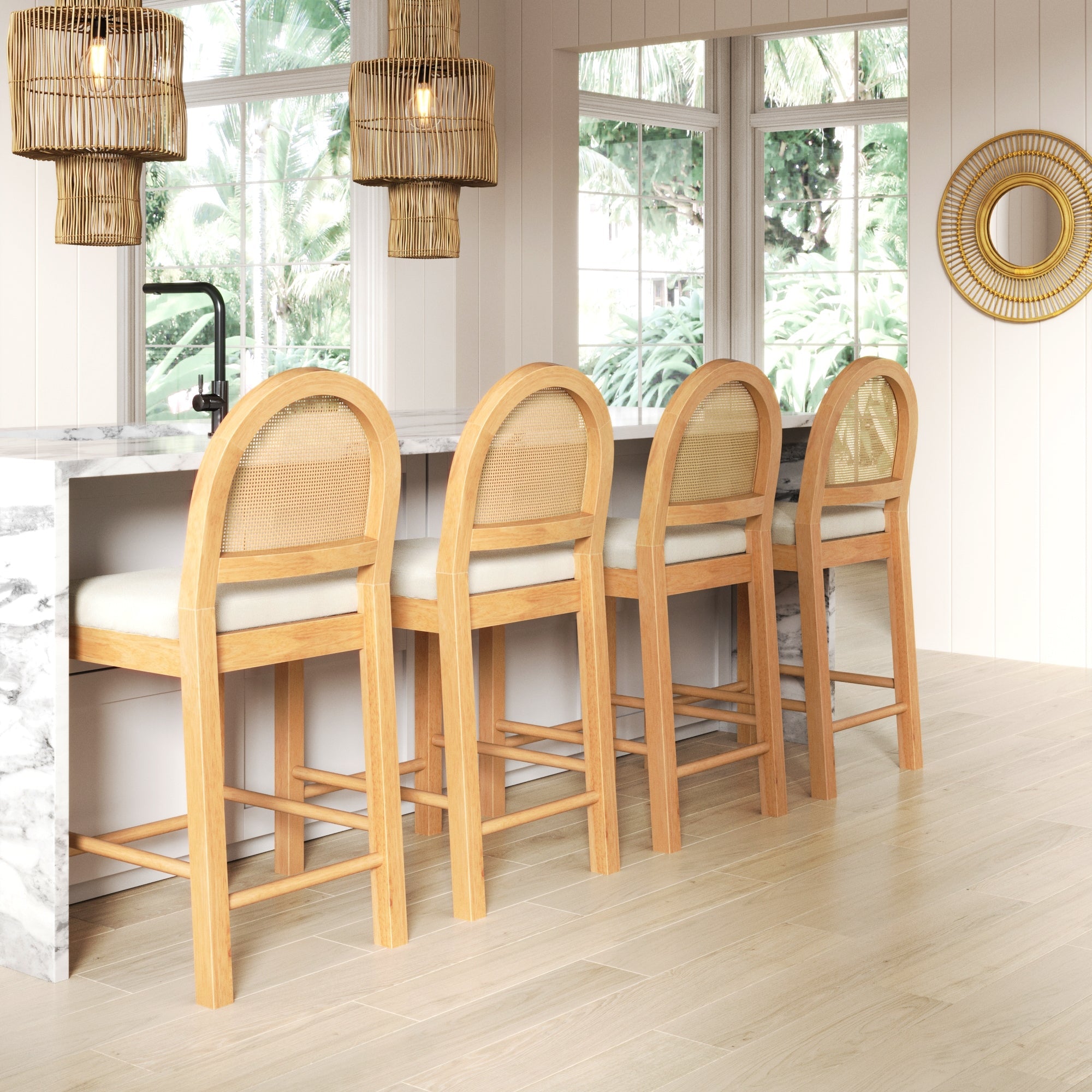 Boucle & Rattan Counter Height Bar Stools Warm Pine (Set of 4) - Nathan James