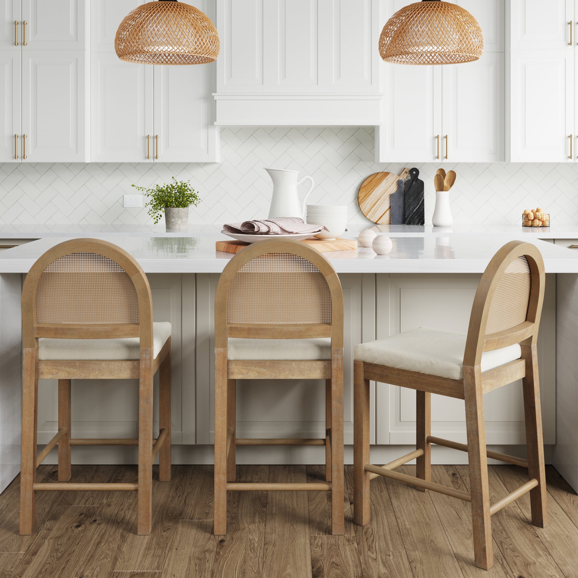 Boucle & Rattan Counter Height Bar Stools Light Brown (Set of 3) - Nathan James