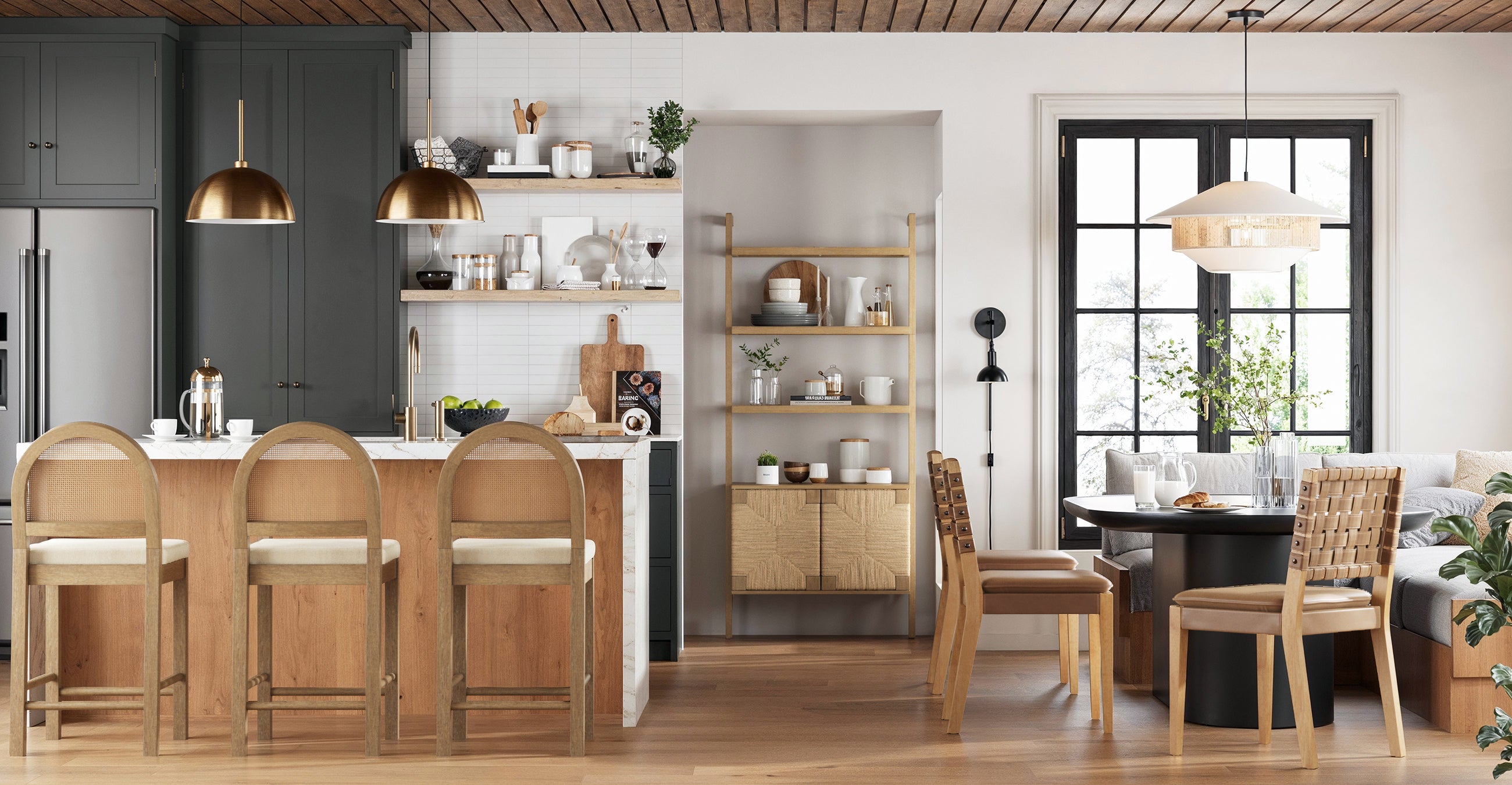 Modern kitchen and dining area with wooden stools at a white island, dark cabinets, open shelves, pendant lights, a round dining table and chairs by large windows, and potted plants adding greenery.