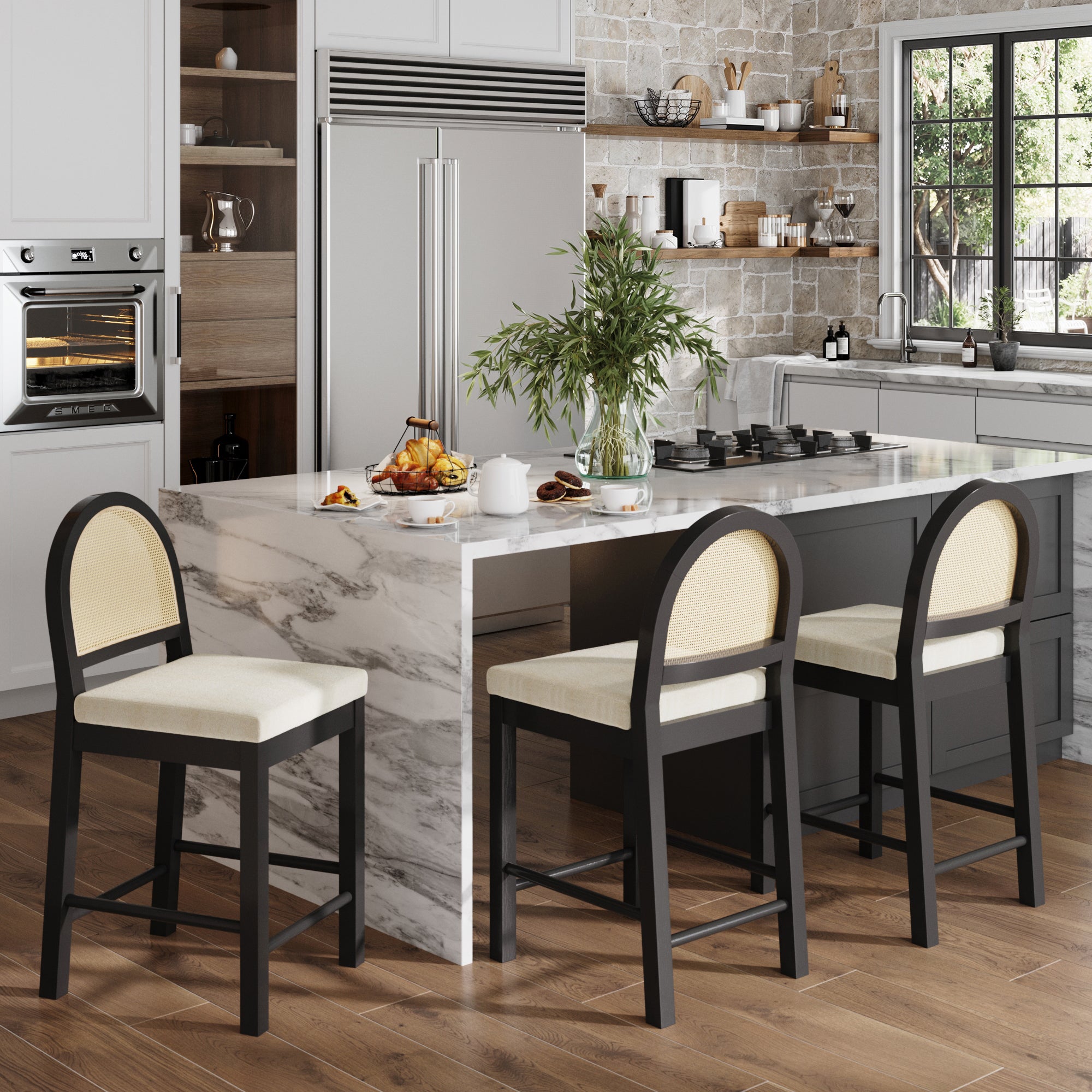 Boucle & Rattan Counter Height Bar Stools Black (Set of 3) - Nathan James