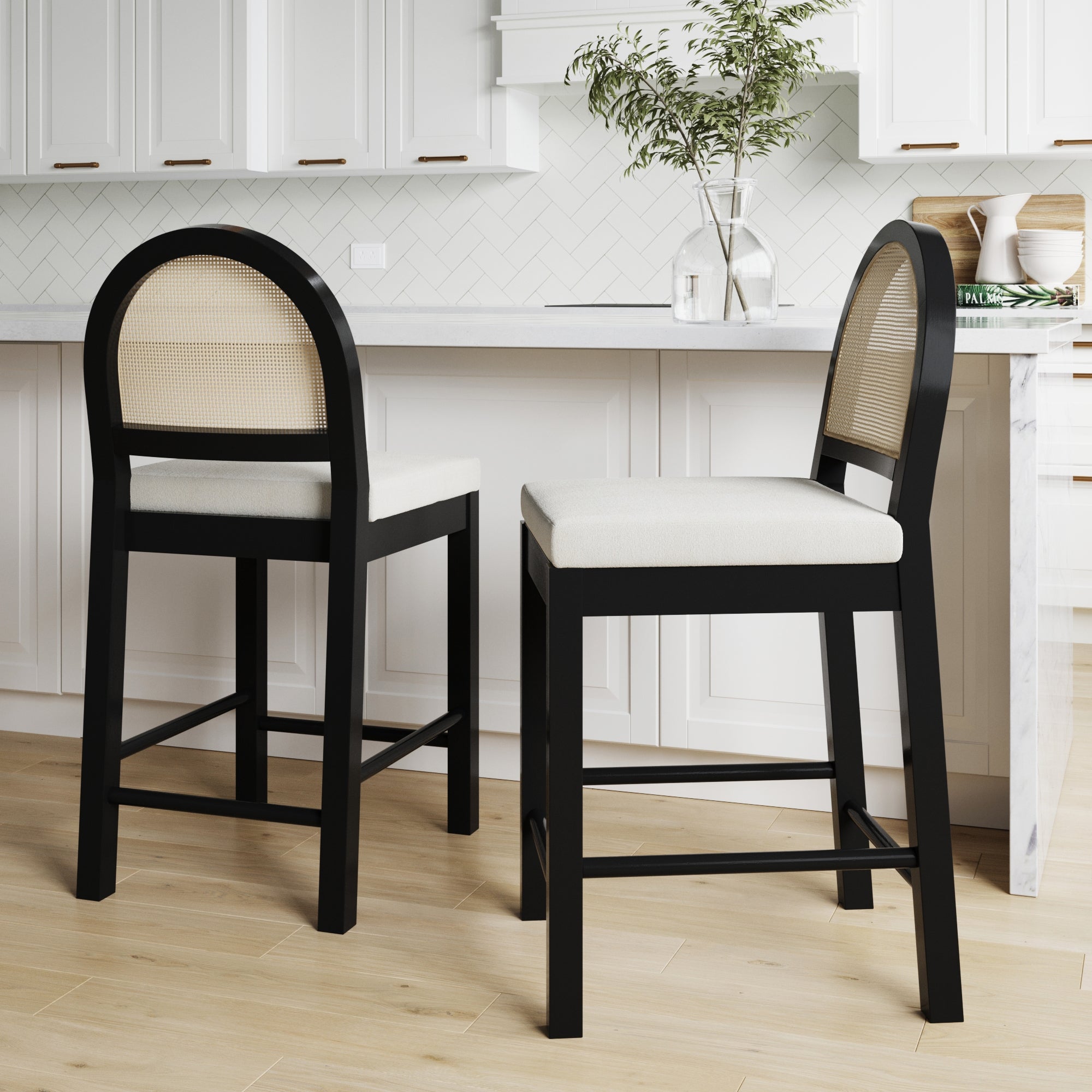 Boucle & Rattan Counter Height Bar Stools Black (Set of 2) - Nathan James