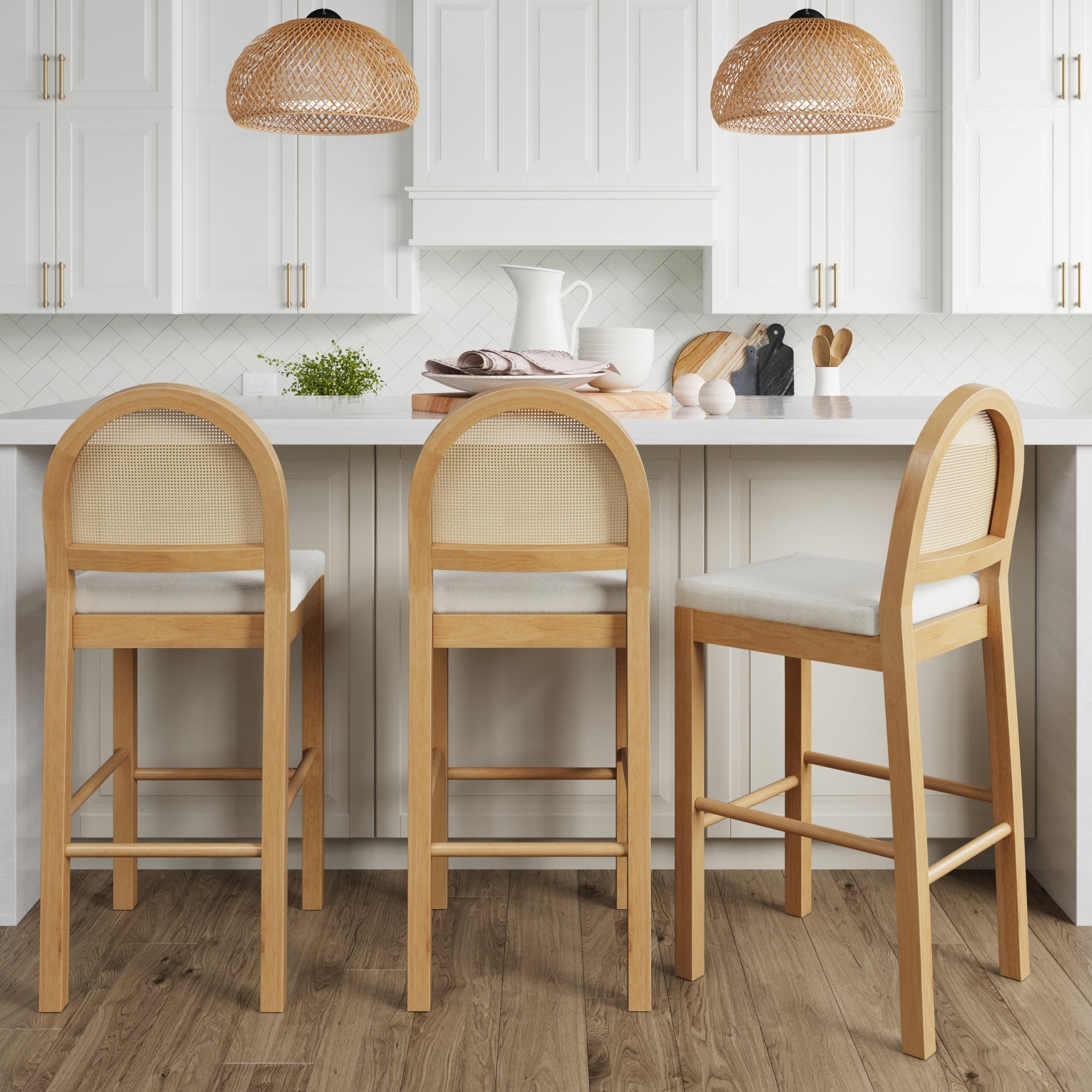 Boucle & Rattan Bar Stools Warm Pine (Set of 3) - Nathan James