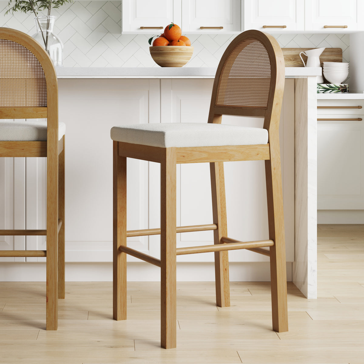 Boucle & Rattan Bar Stool Warm Pine - Nathan James