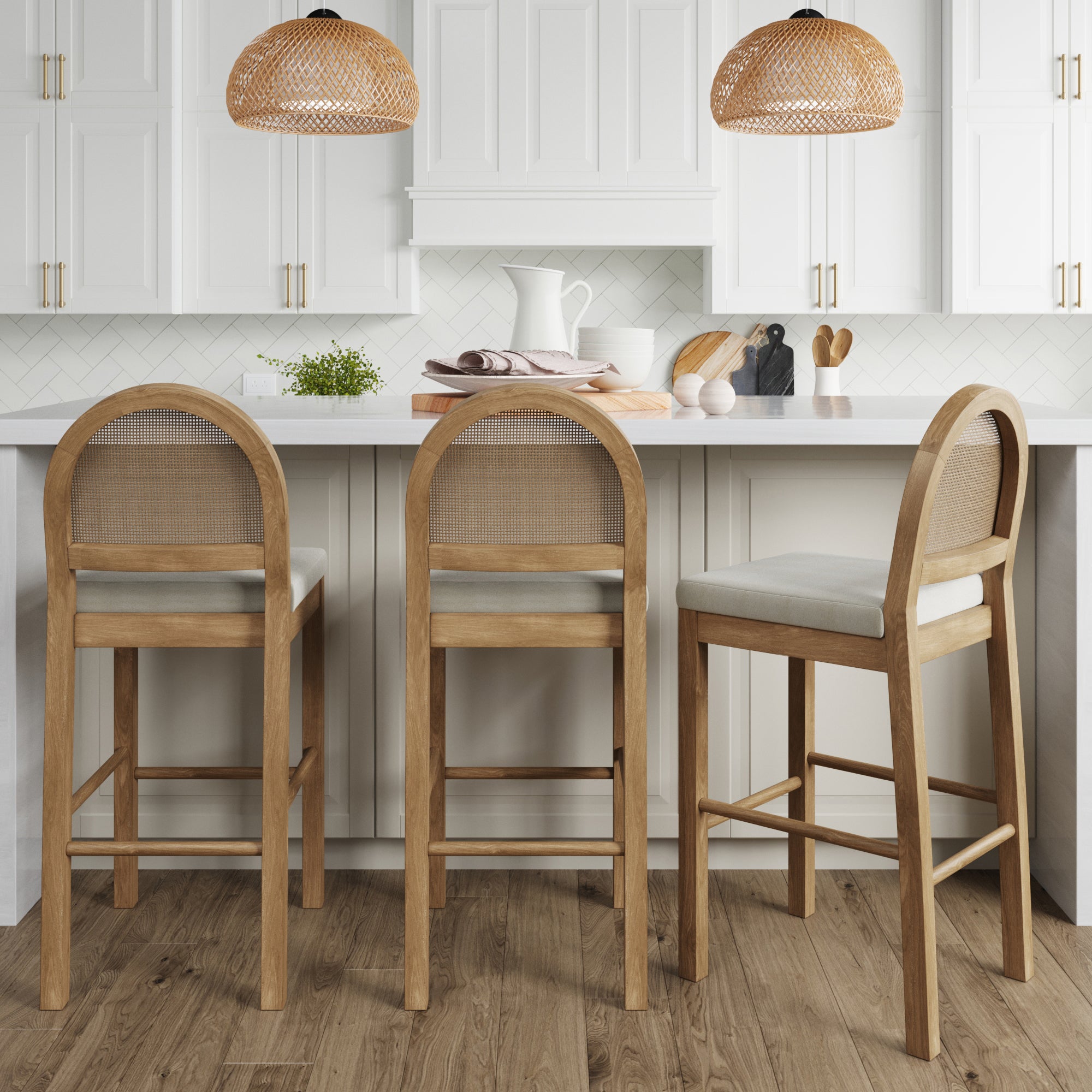 Boucle & Rattan Bar Stools Light Brown (Set of 3) - Nathan James