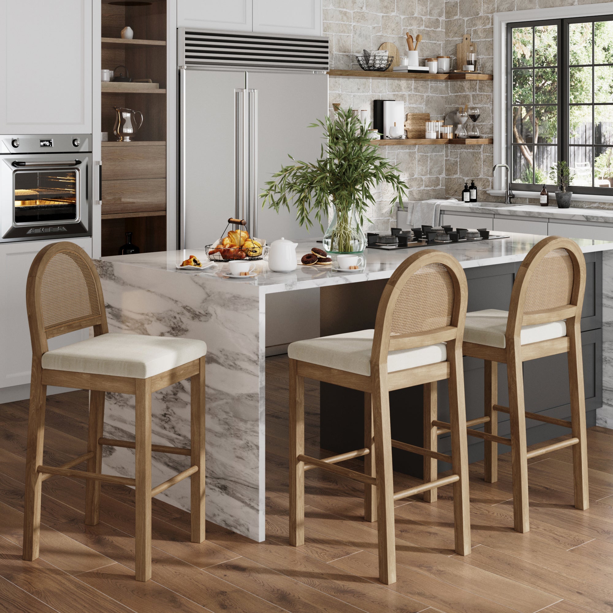 Boucle & Rattan Bar Stools Light Brown (Set of 3) - Nathan James