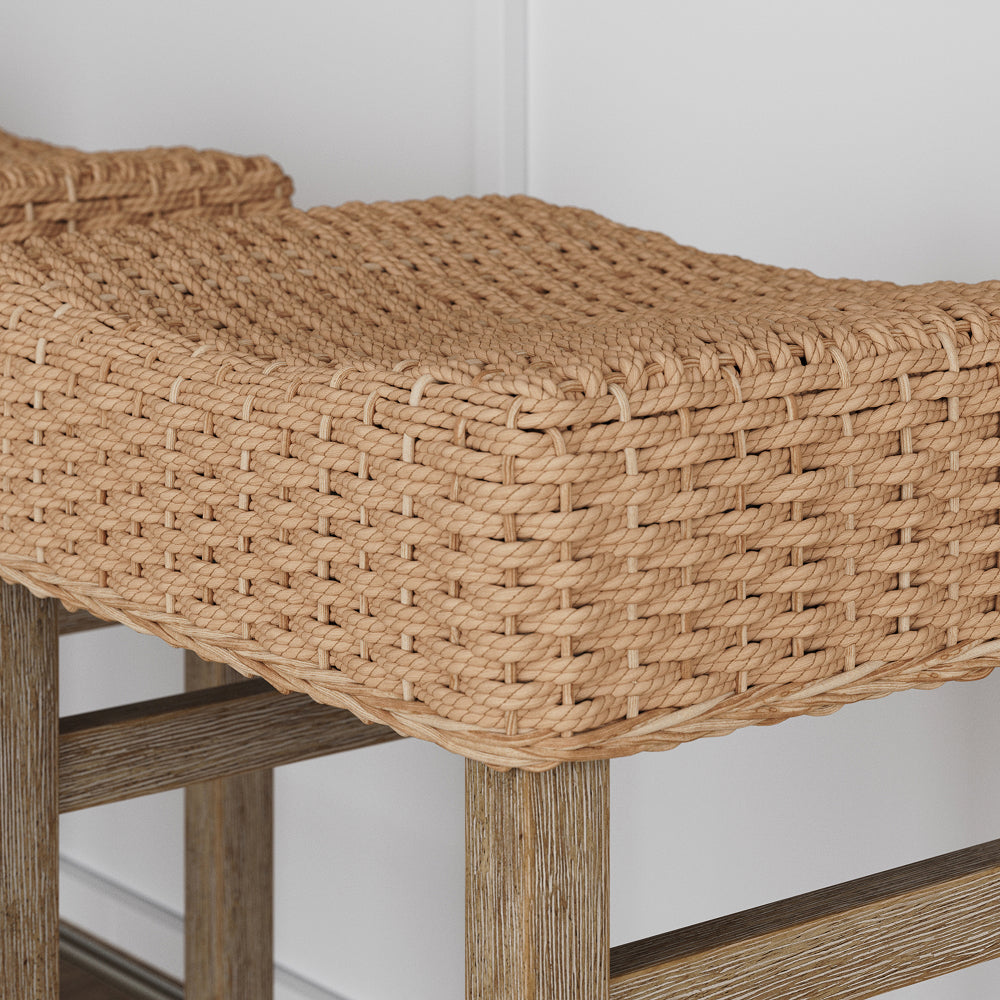 A bar stool with a woven rope seat and a light wooden frame.