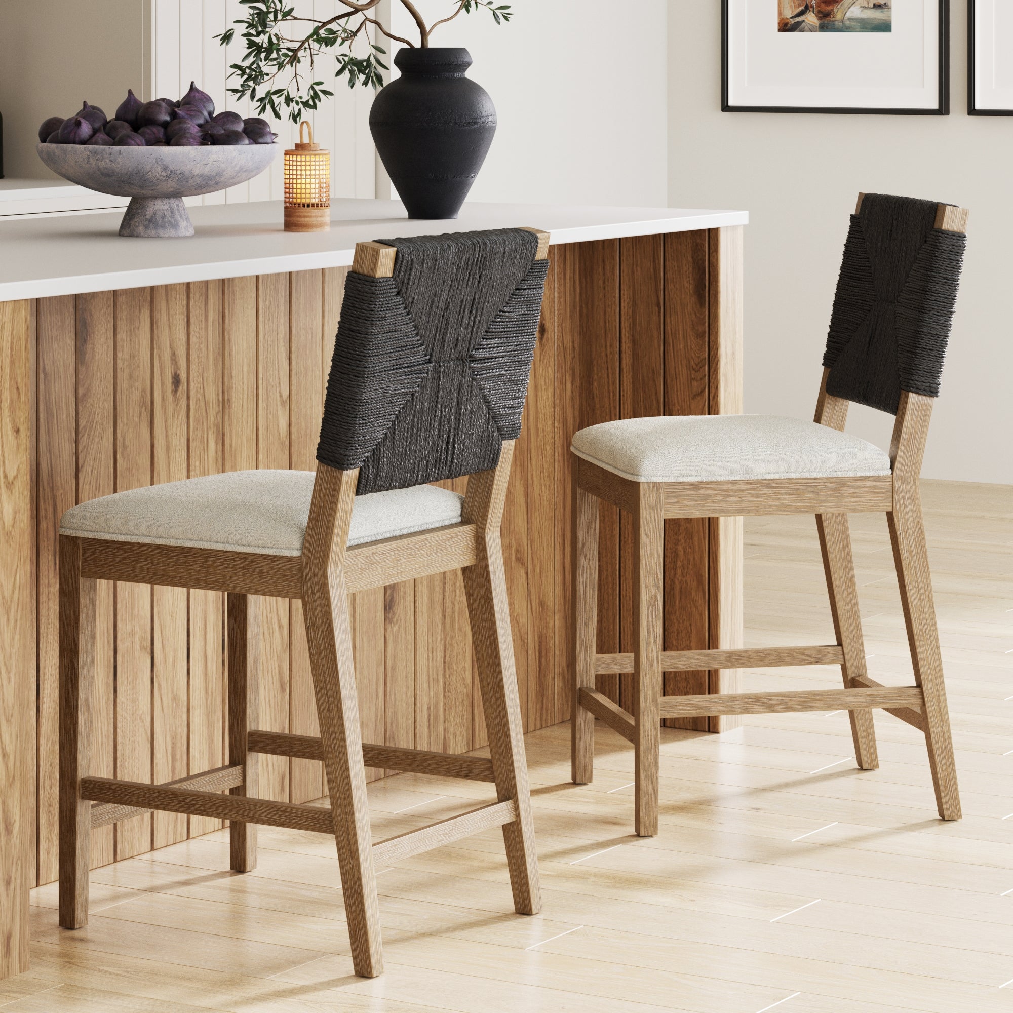 Boucle & Seagrass Counter Height Bar Stools Black (Set of 2) - Nathan James