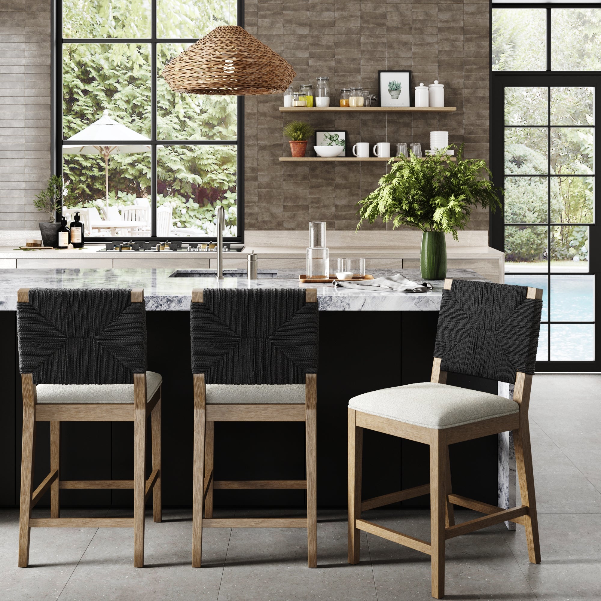 Boucle & Seagrass Counter Height Bar Stools Black (Set of 2) - Nathan James