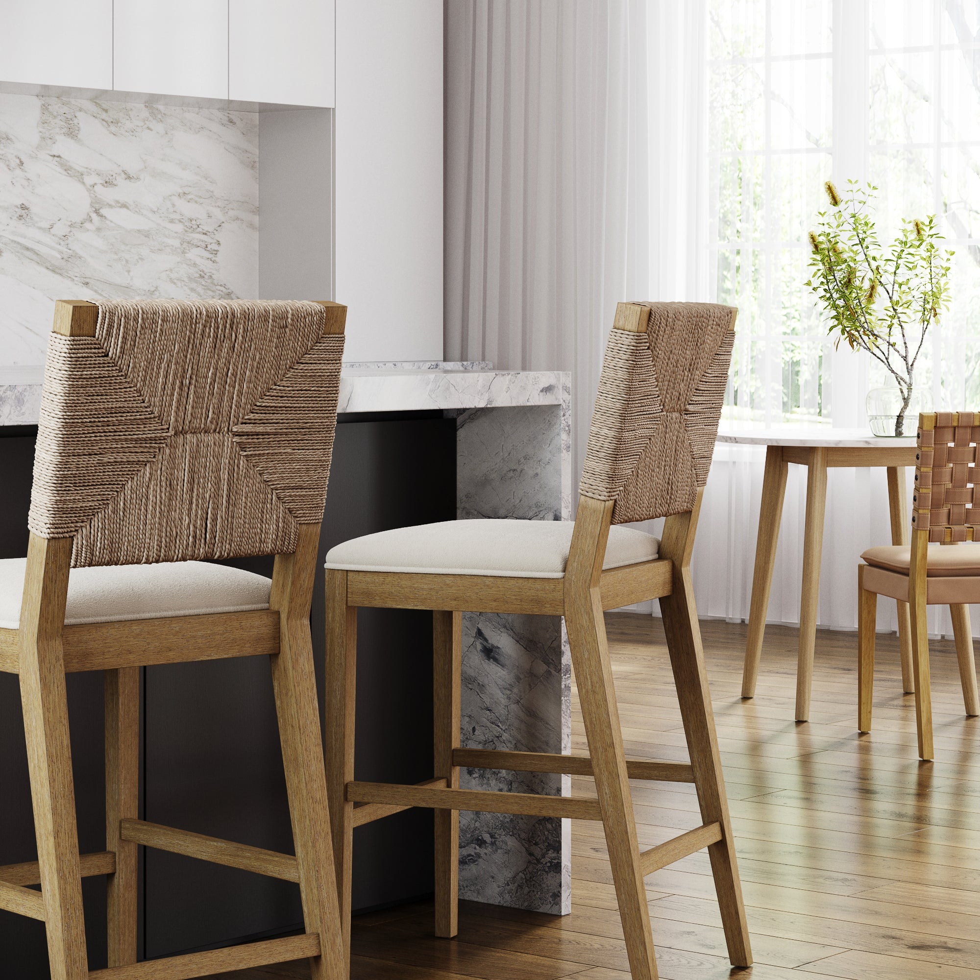 Boucle & Seagrass Bar Stool Light Brown (Set of 2) - Nathan James